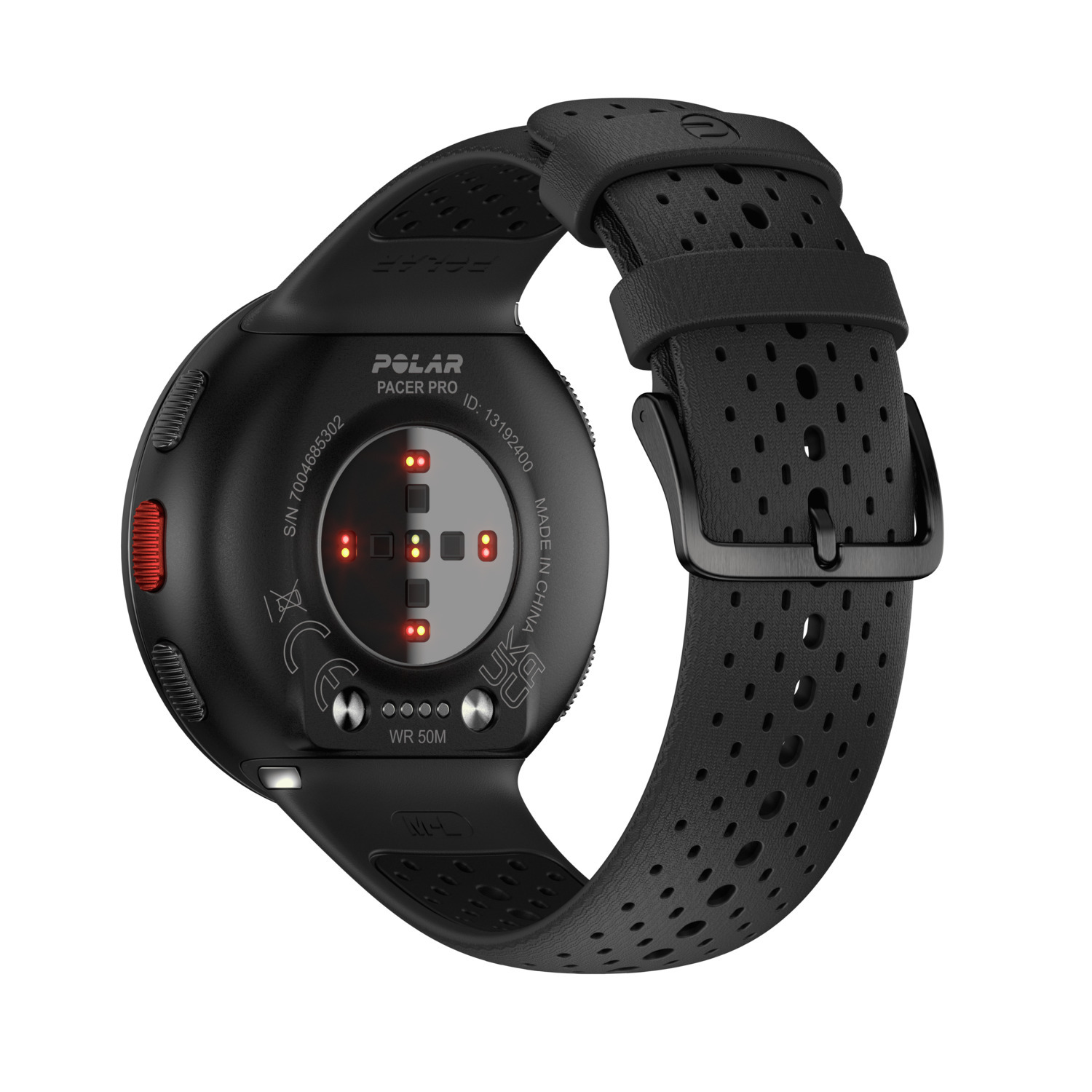 Een zwarte smartwatch die de onderkant met sensoren en een zwarte band toont.