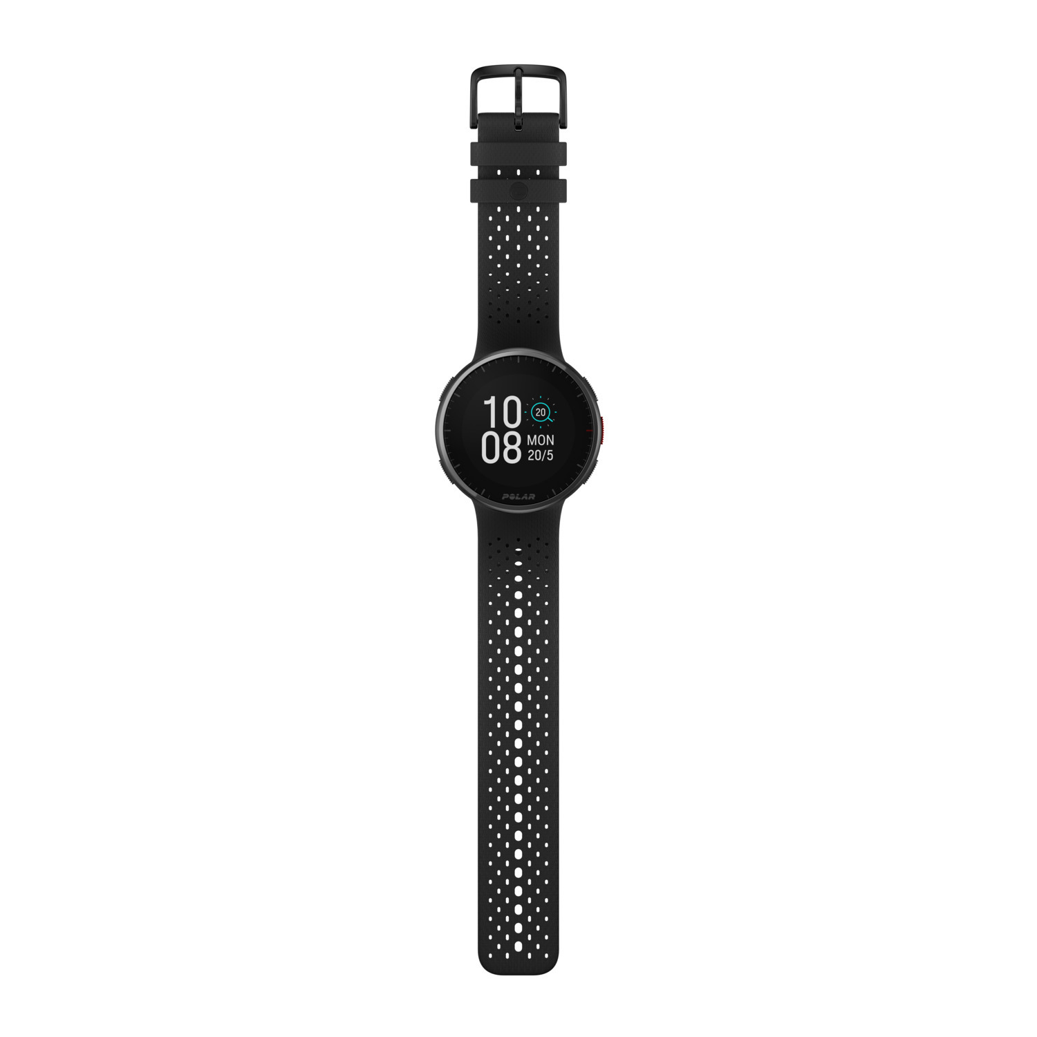 Een zwarte Polar smartwatch met een zwarte band. Het scherm toont de tijd en andere gegevens. Witte achtergrond.