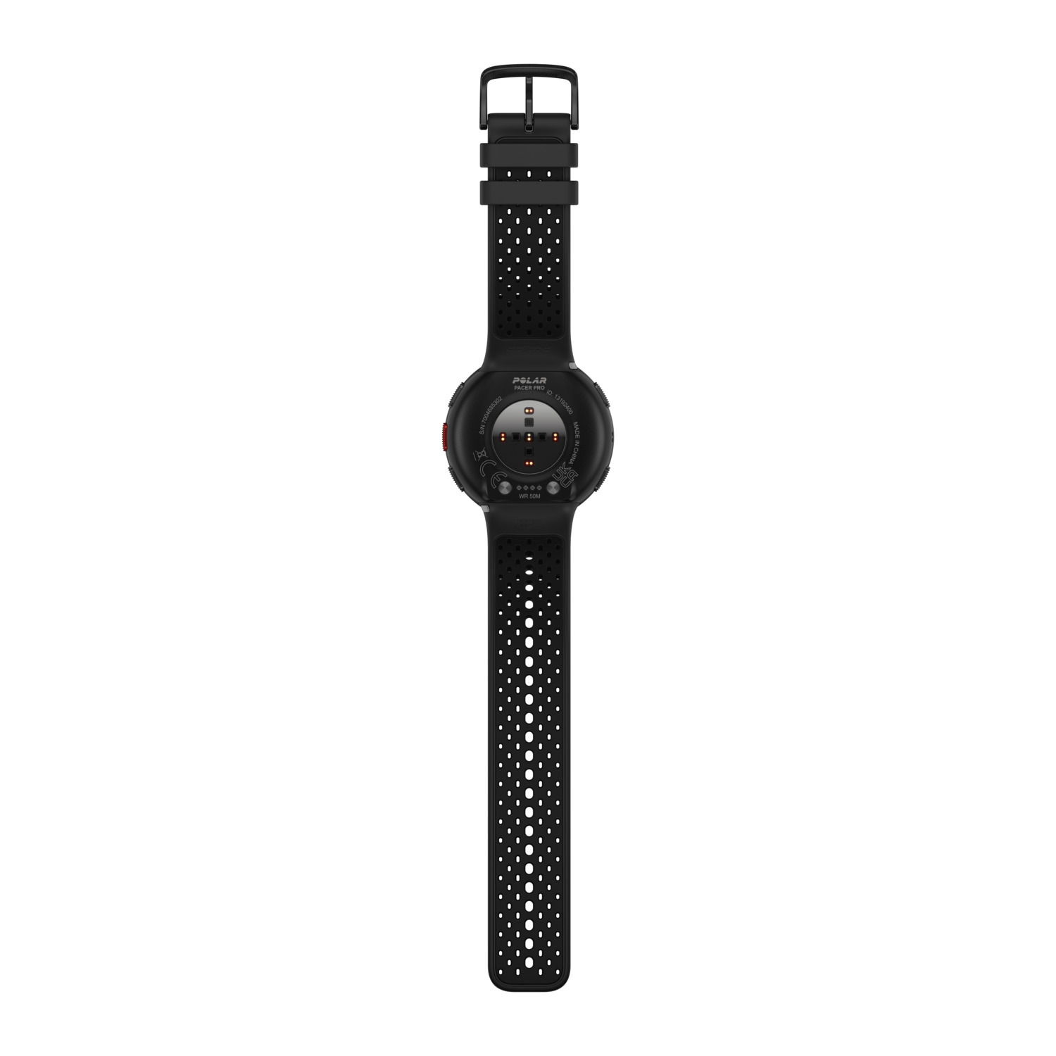 Polar smartwatch, achteraanzicht, met zwarte band, sensoren zichtbaar aan de achterkant, zwarte achtergrond.
