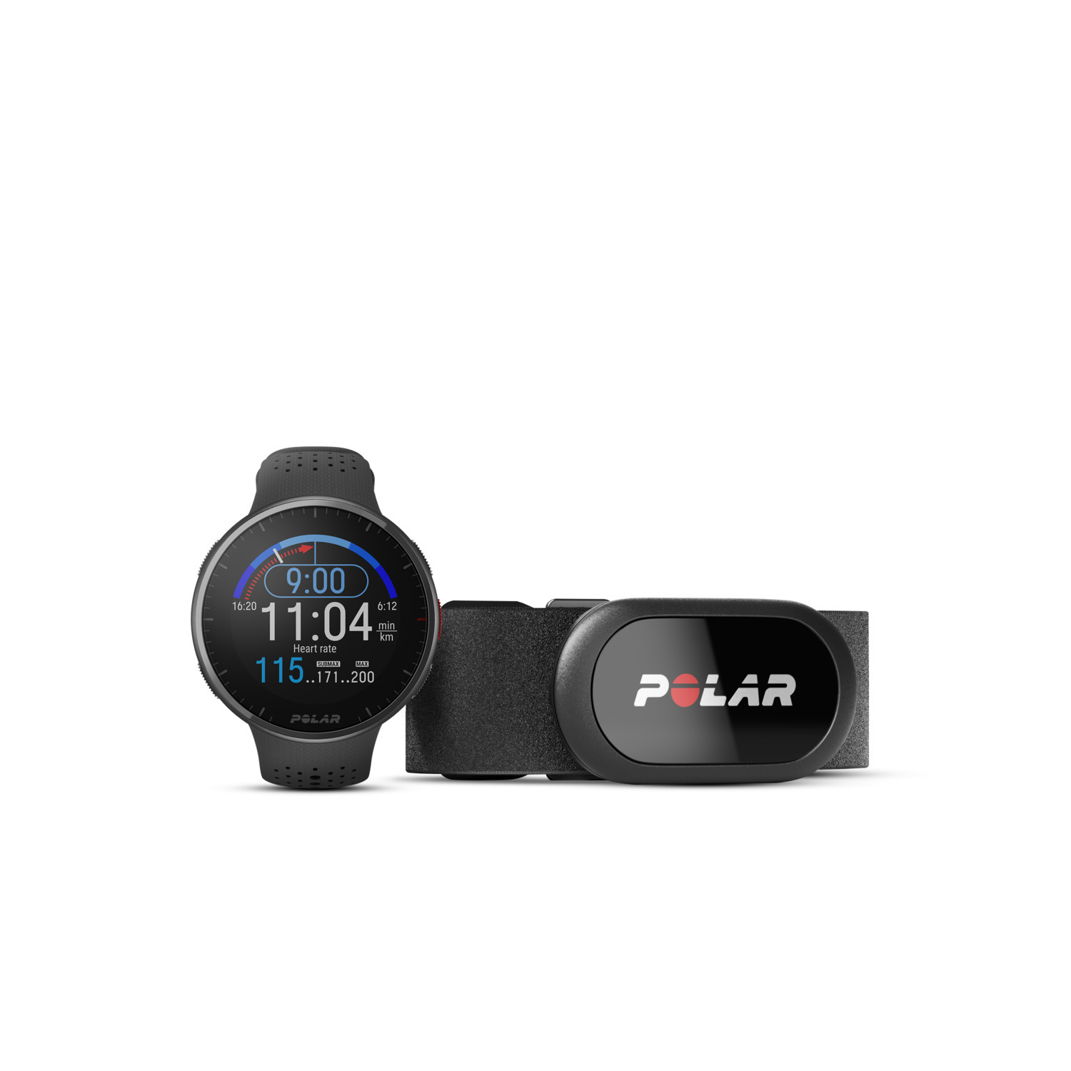 Een zwarte smartwatch met een zwarte borstband hartslagmeter op een witte achtergrond. Tijd toont 11:04.