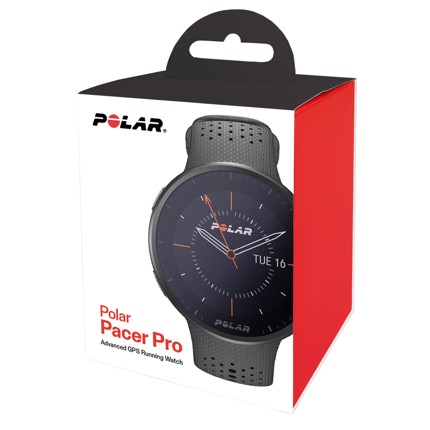 Polar Pacer Pro horloge in een doos, met wijzerplaat zichtbaar.