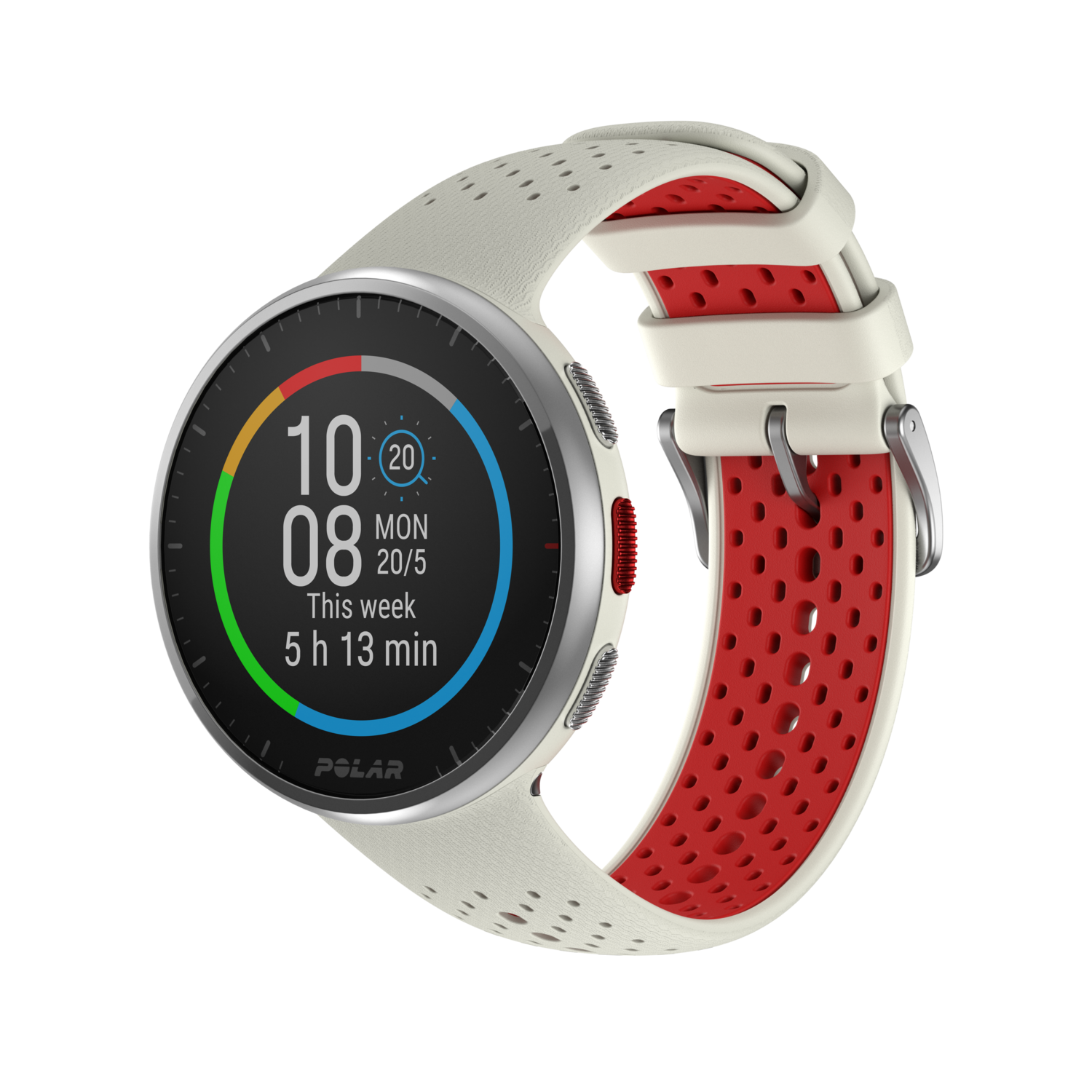 Een witte smartwatch met een rode en witte band. Het scherm toont tijd en datum.