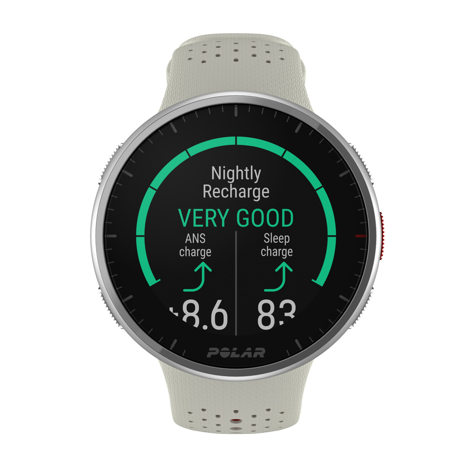 Smartwatch toont slaap- en ANS-oplaadgegevens met lichtgrijze band.