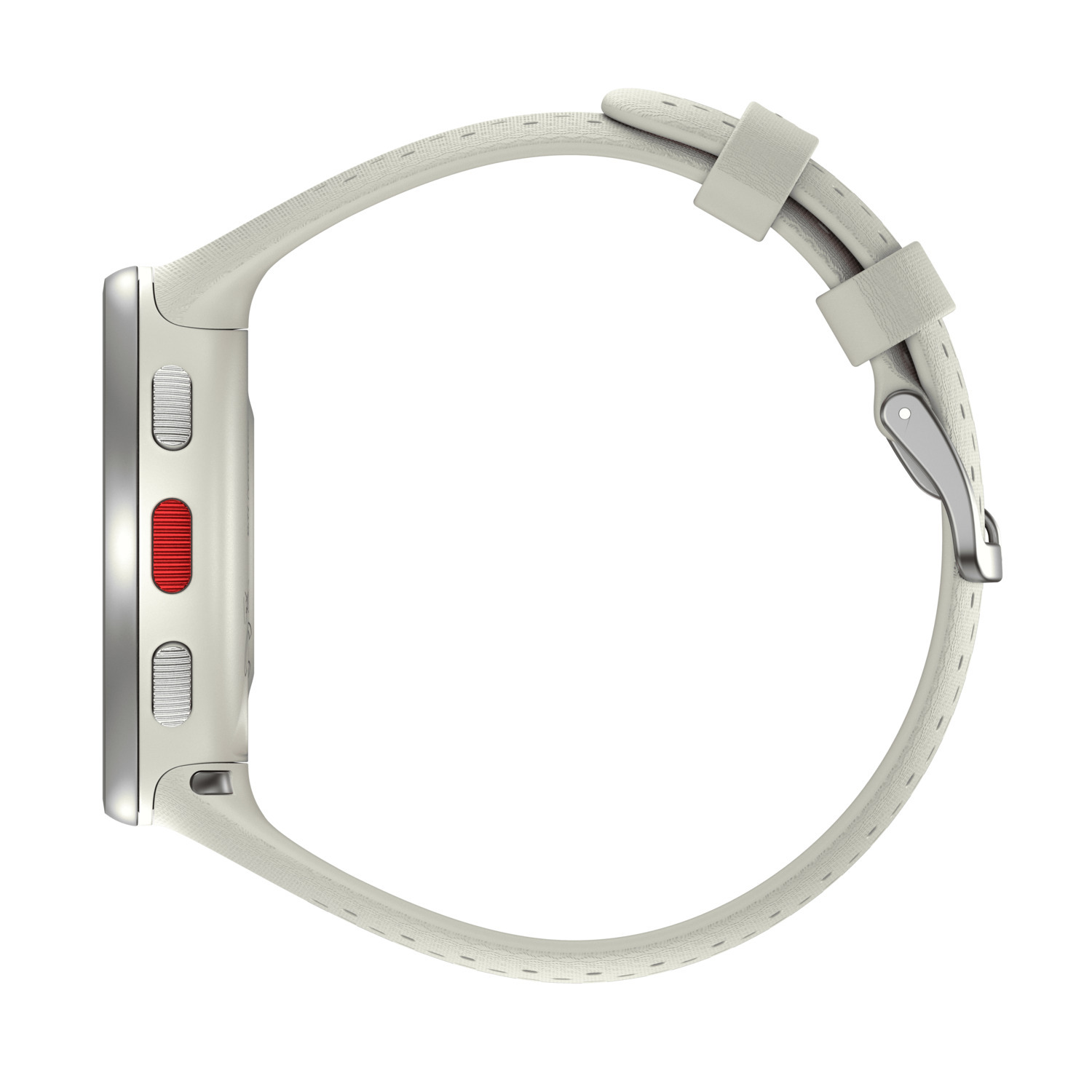 Zijaanzicht van een witte smartwatch met een rode knop en een witte band.