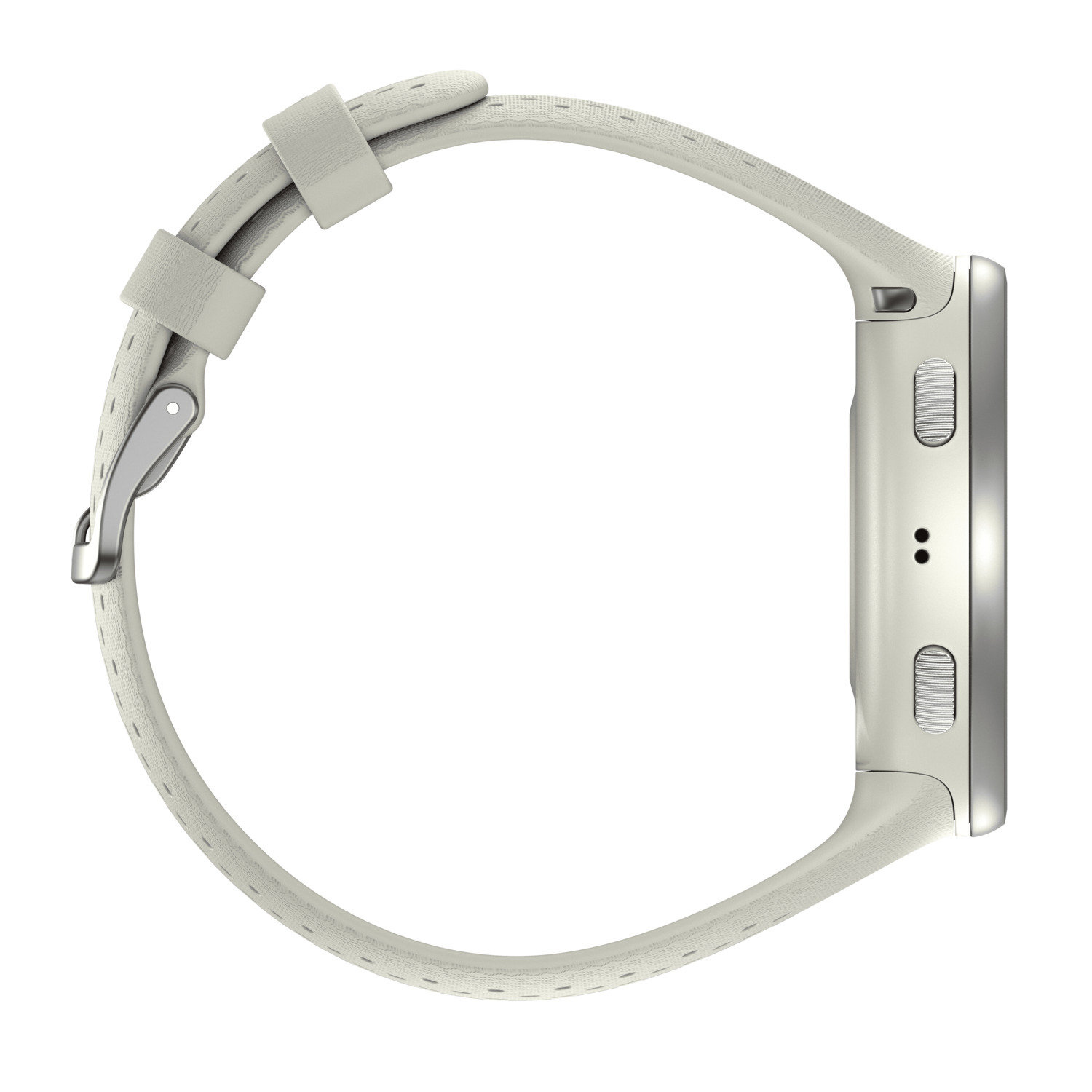 Zijaanzicht van een witte smartwatch met een witte band en zilveren accenten.