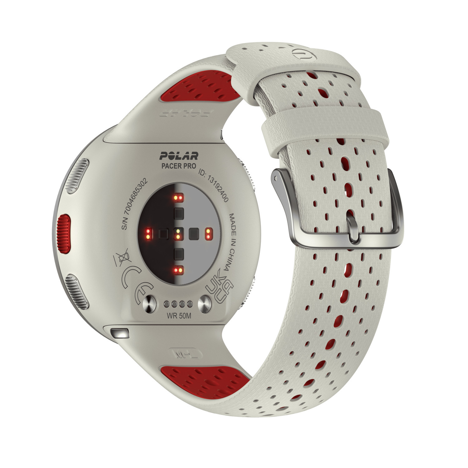 Polar Pacer Pro horloge, achteraanzicht, witte band met rode accenten. Toont sensor en opladen.