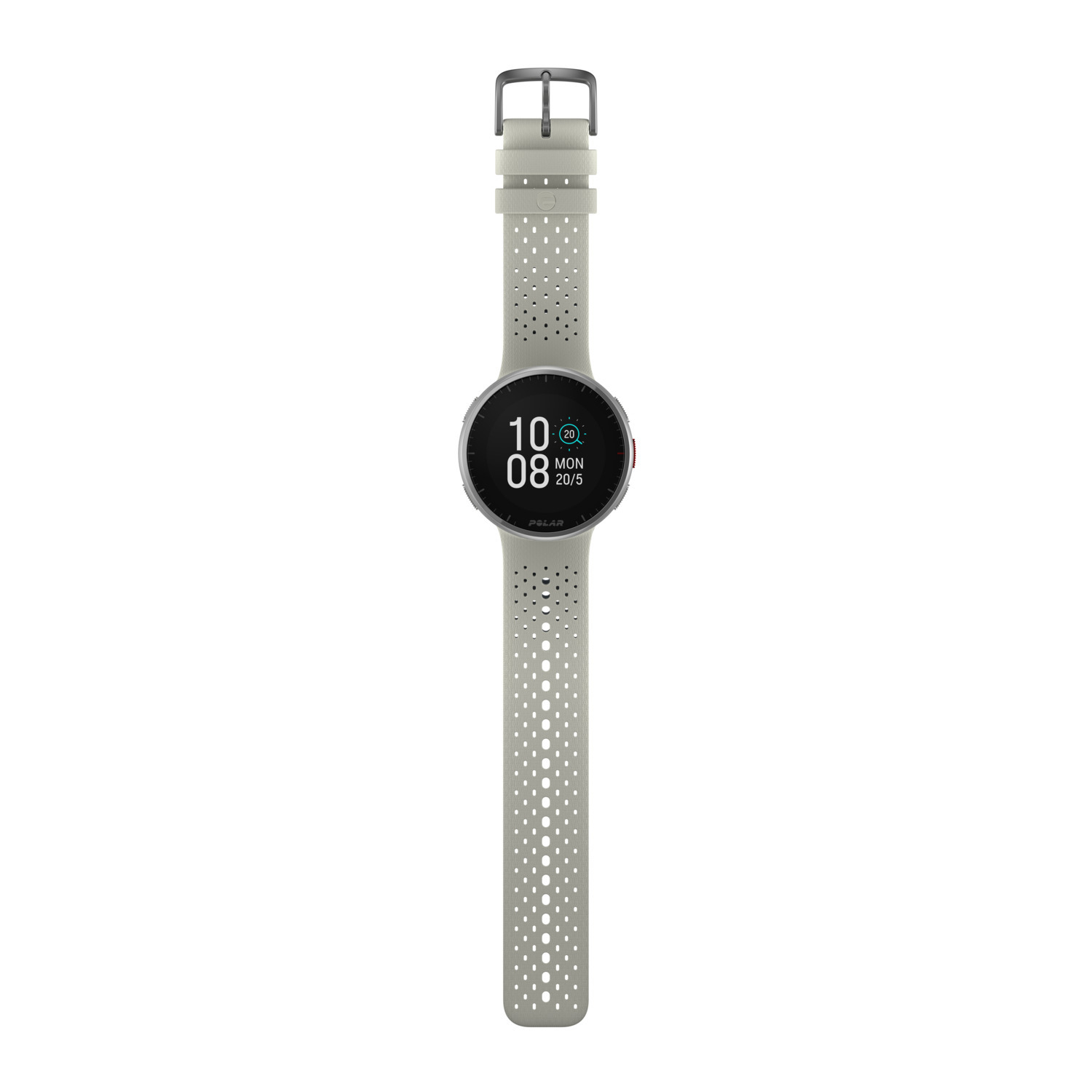 Grijze smartwatch op wit. Display toont tijd en datum. Bandje is geperforeerd.
