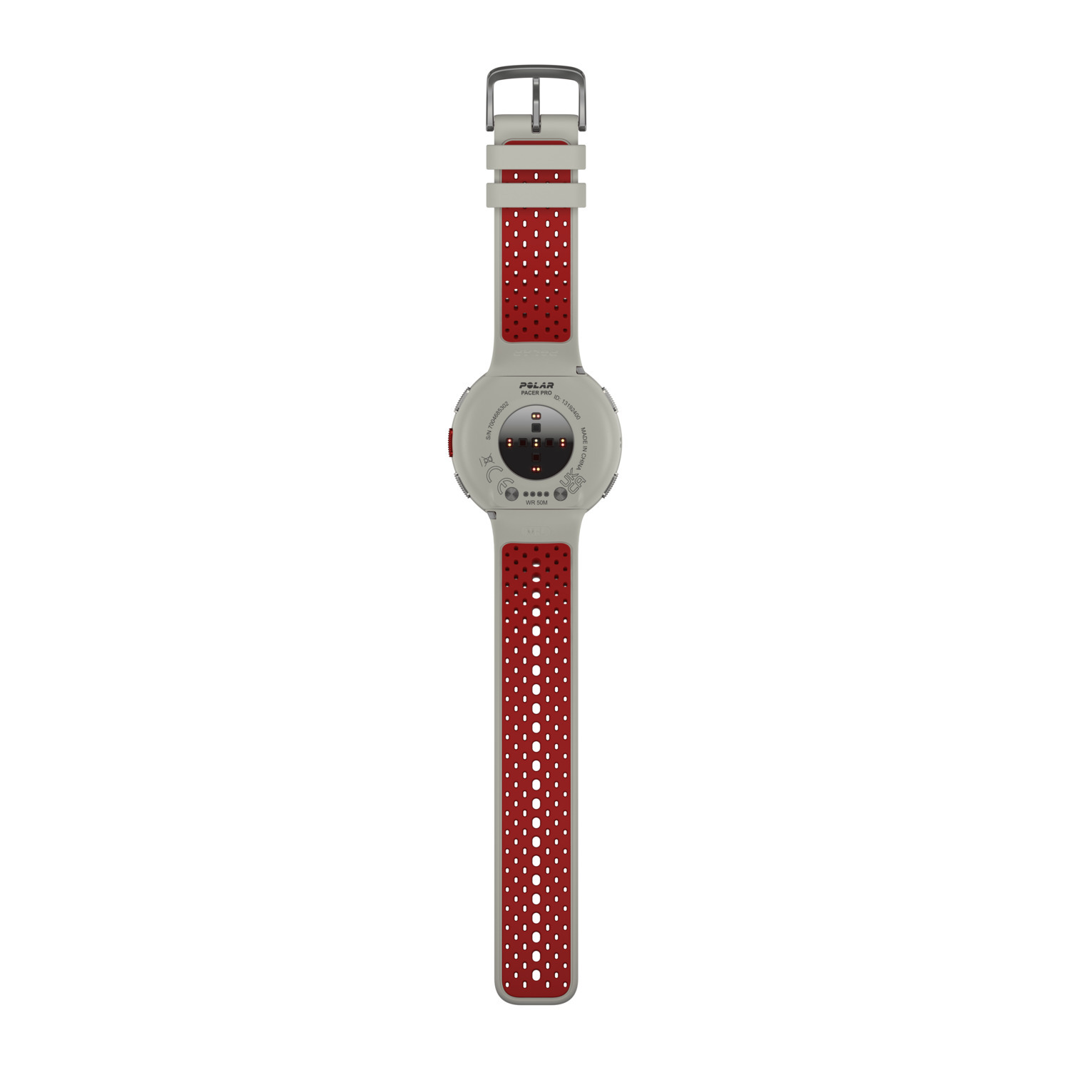 Polar smartwatch, achteraanzicht, rode band. Witte achtergrond.