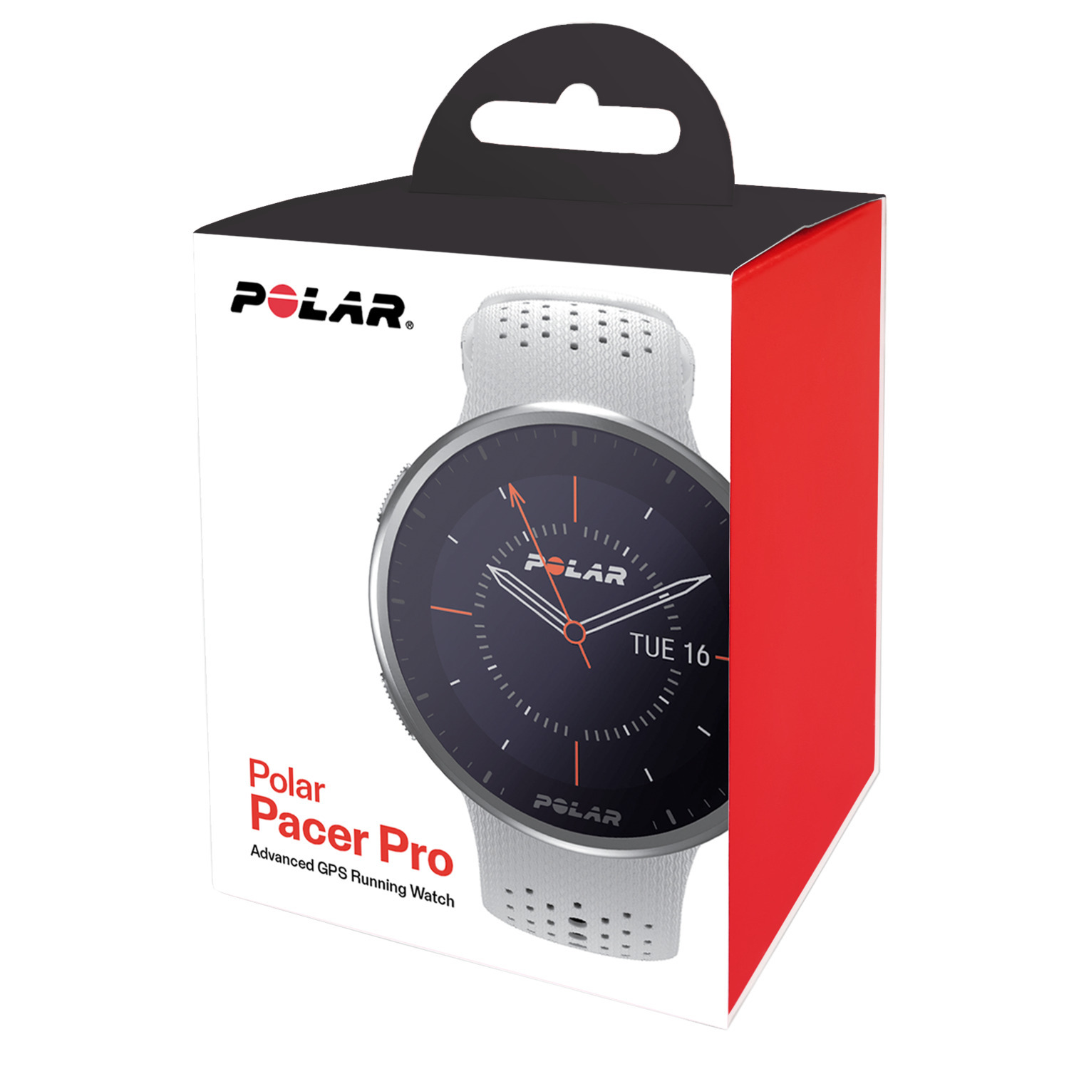 Polar Pacer Pro horloge in een doos met horloge op het display.
