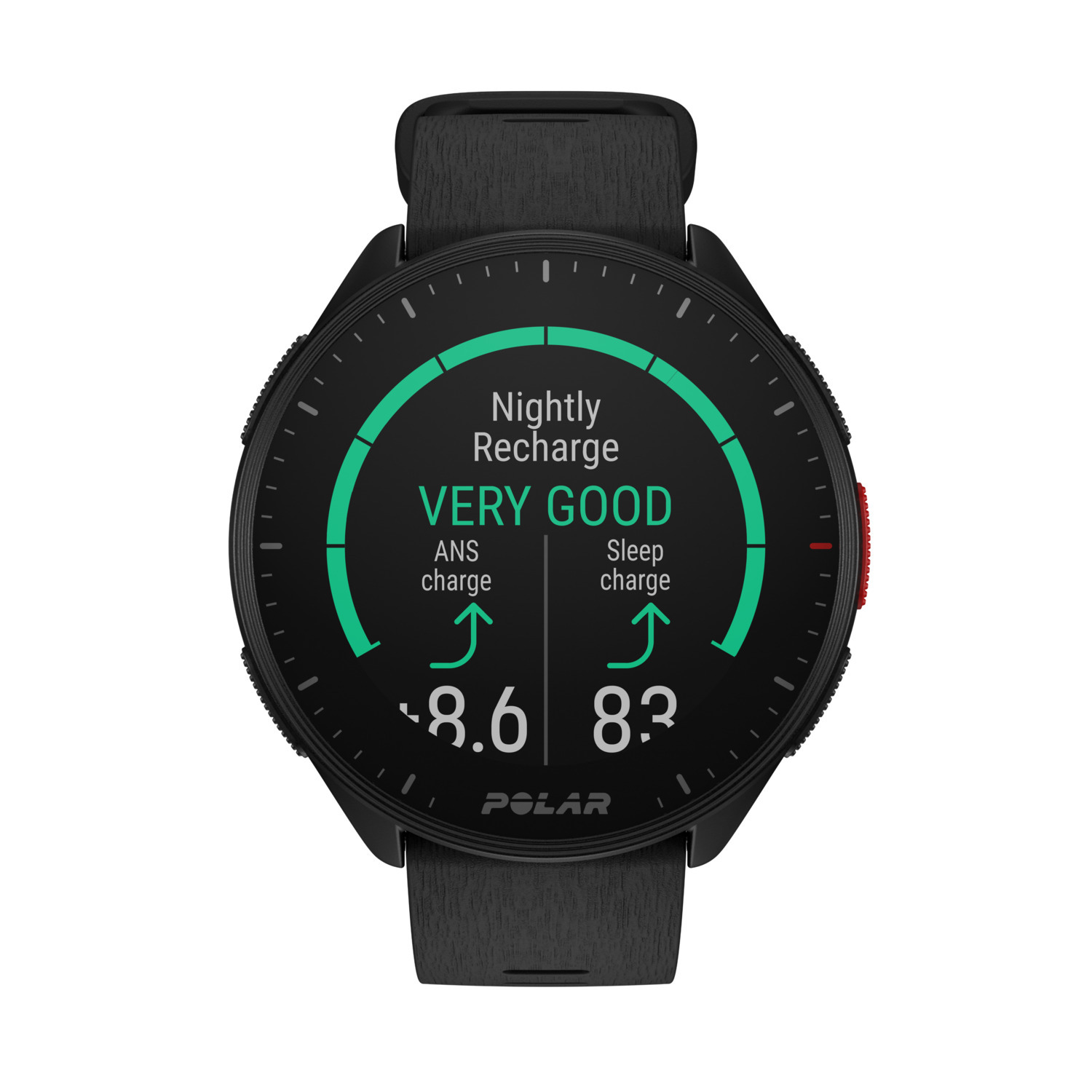 Montre connectée noire affichant les données de sommeil. Écran vert et blanc. Bracelet noir.