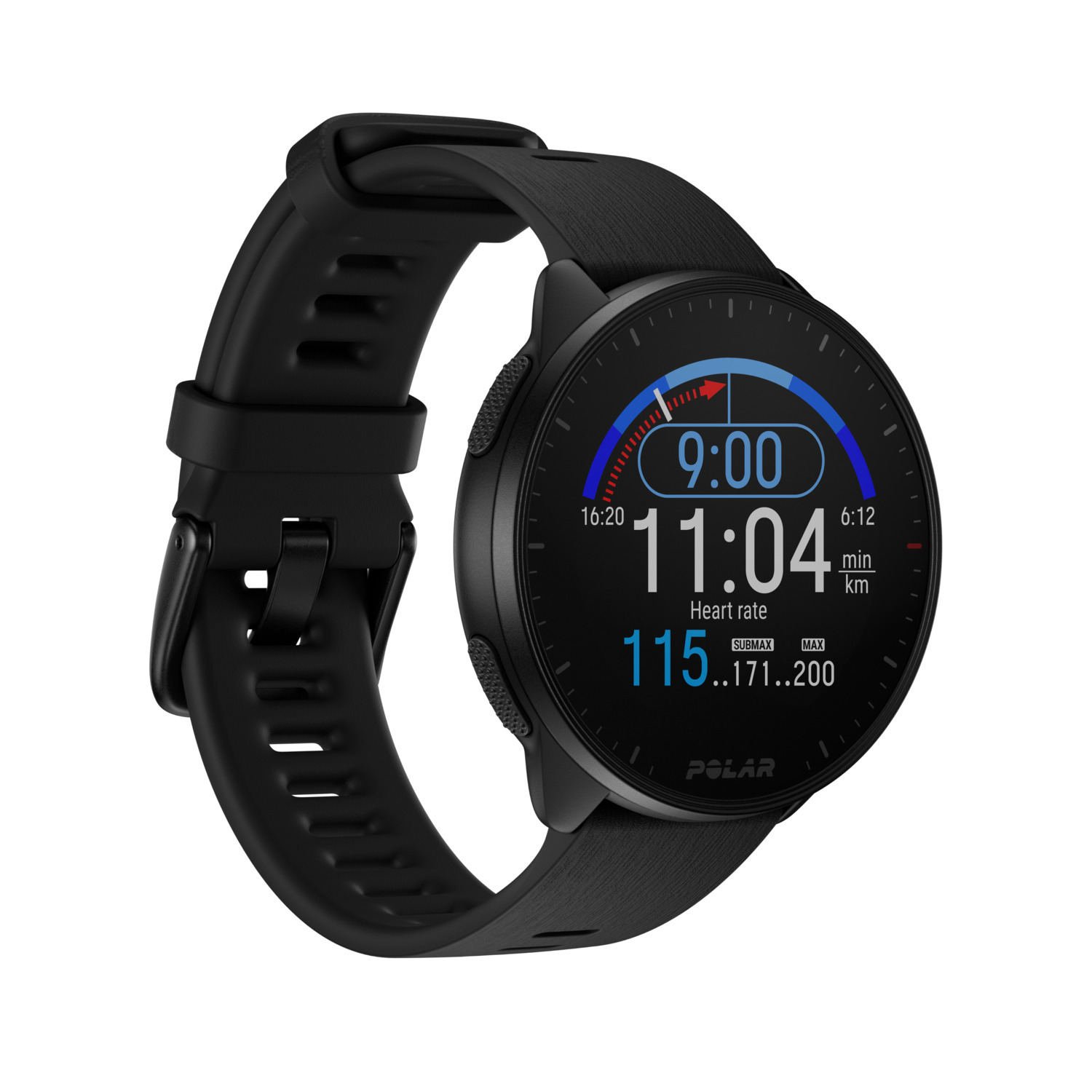 Montre Polar noire avec un bracelet noir. La montre affiche l'heure et la fréquence cardiaque.