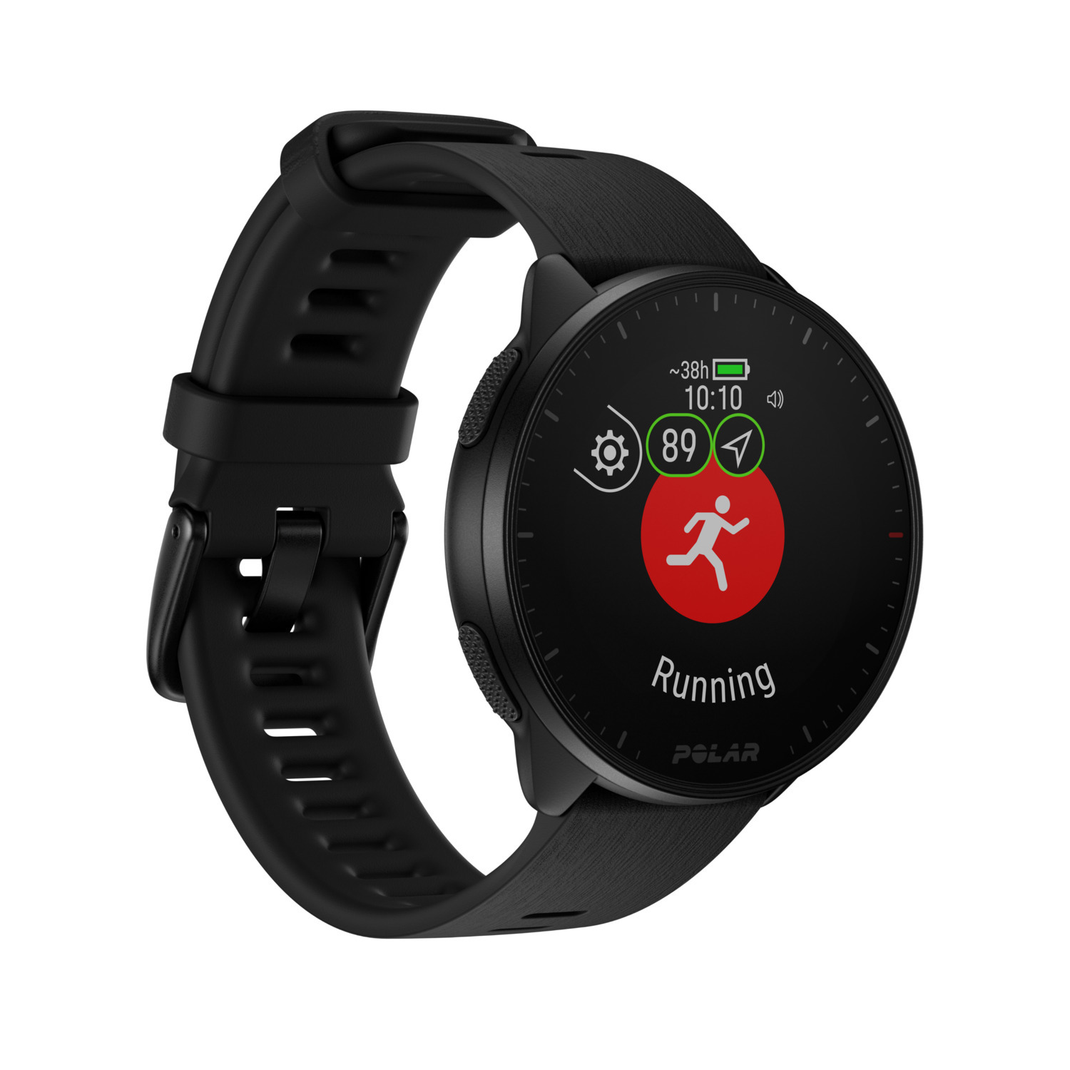 Montre connectée noire avec bracelet noir. L'icône de course est visible sur l'écran. Fond blanc.