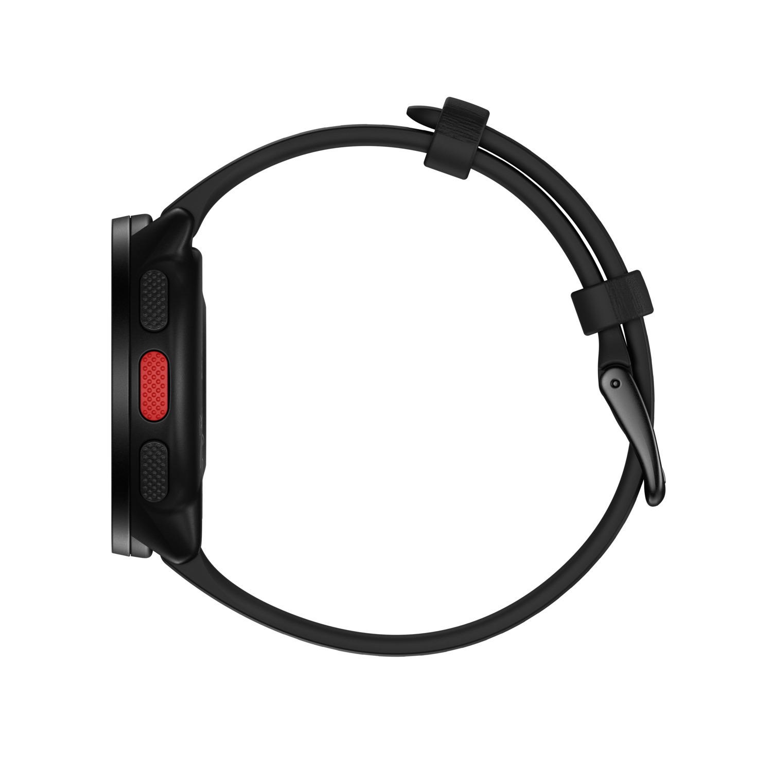 Vue latérale d'une smartwatch noire avec un bracelet noir.