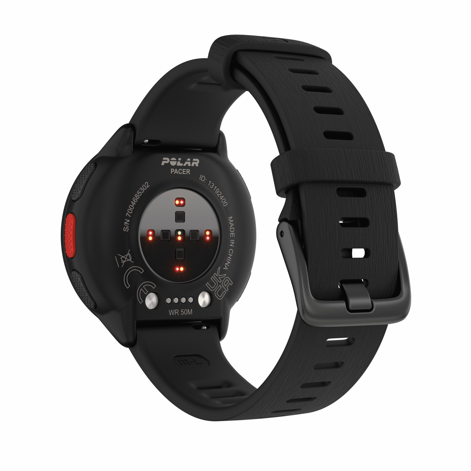 Smartwatch noire avec bracelet noir. Dos de la montre visible. Fond blanc.