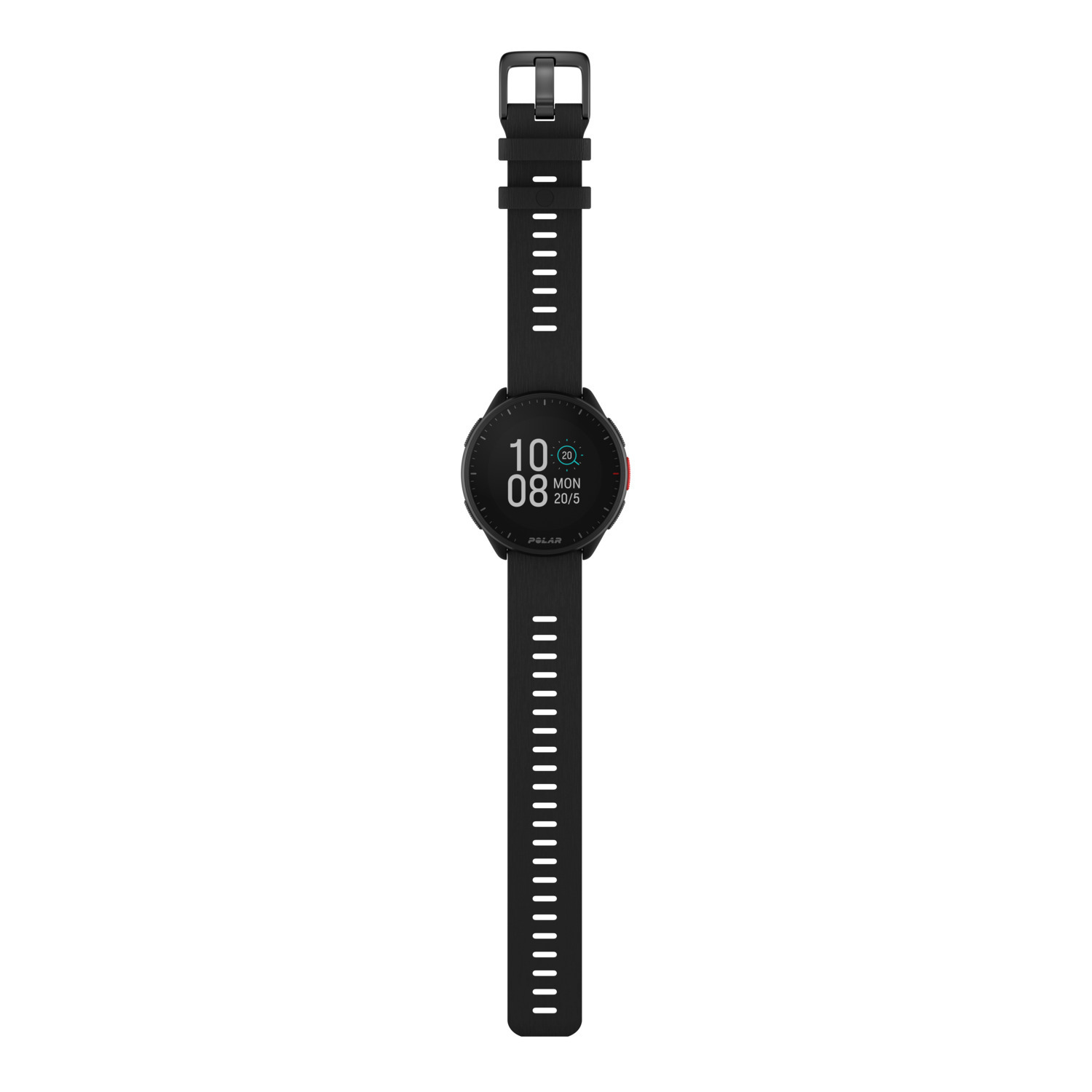 Montre GPS Polar noire sur fond blanc, affichant l'heure et la date. La montre a un bracelet noir.