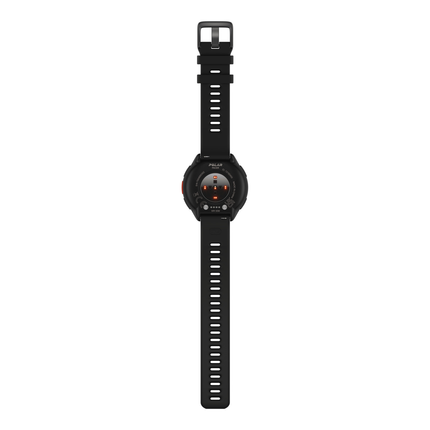 Smartwatch Polar noire, vue de dessus. Montre l'arrière avec capteurs et bracelet noir.