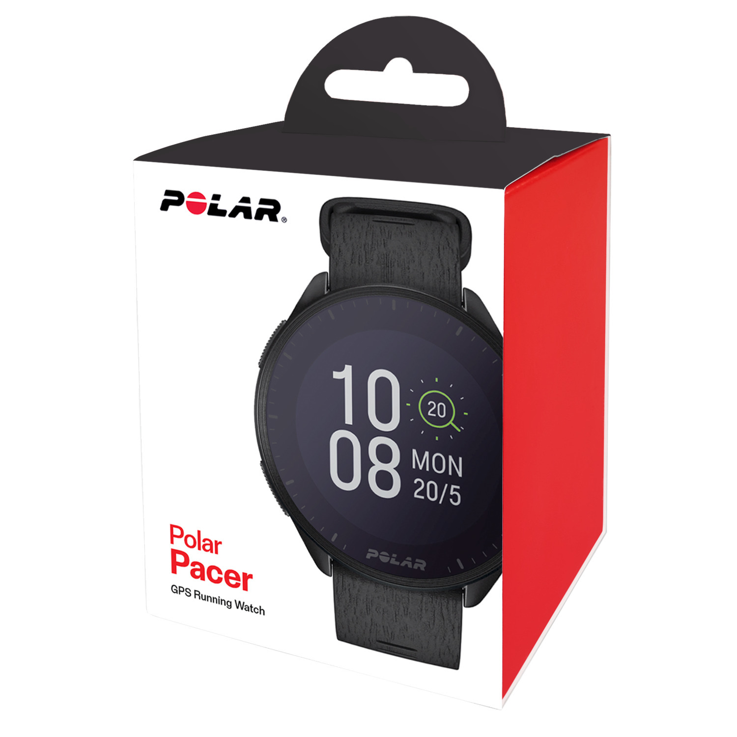 Boîte de montre de course GPS Polar Pacer. La montre a un bracelet noir et un cadran blanc.