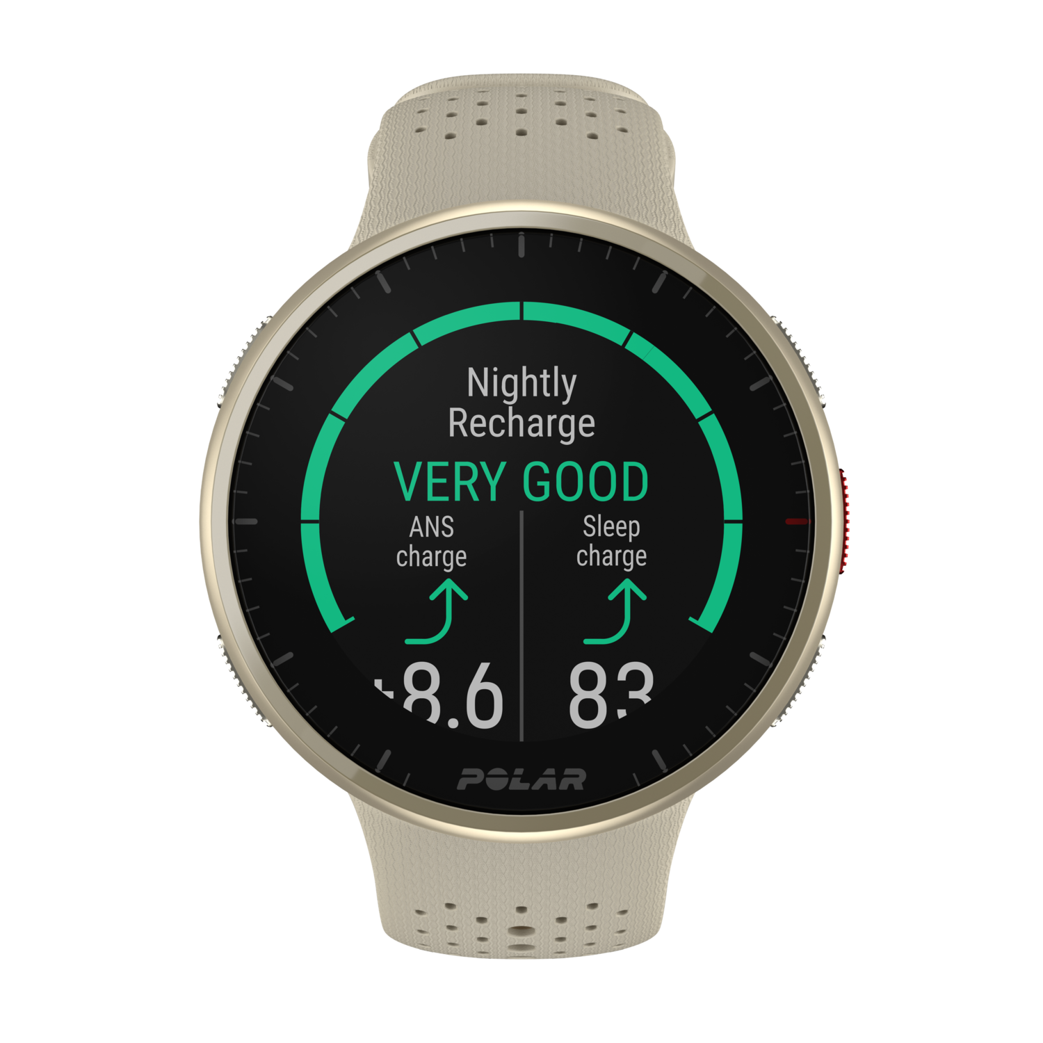 Polar smartwatch met 'Nightly Recharge' gegevens. Het horloge is beige met een zwart en rood display.