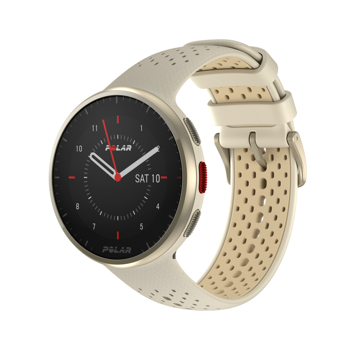 Smartwatch toont tijd en datum met een beige band.