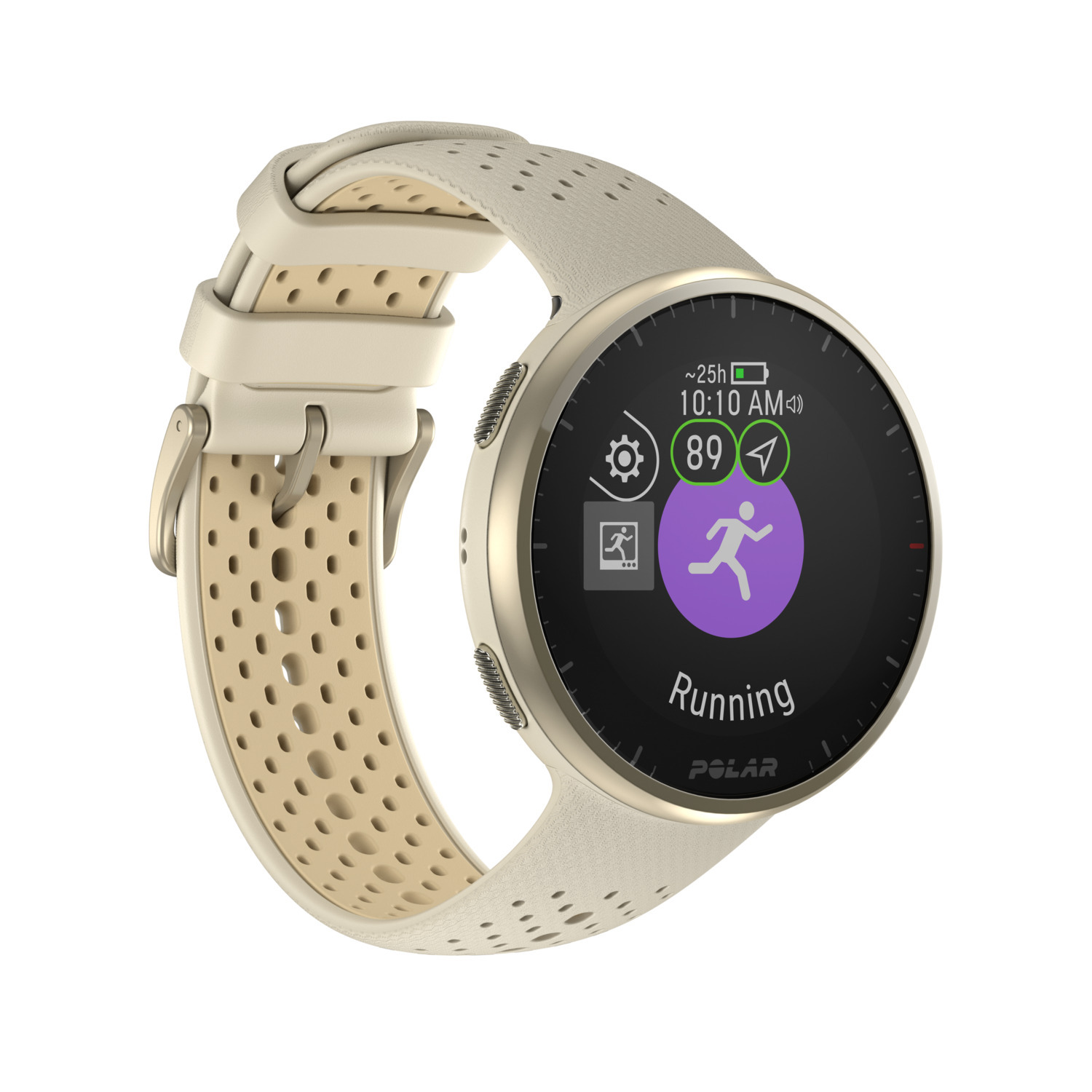 Smartwatch met crèmekleurige band. Het scherm toont hardloopicoon en statistieken.