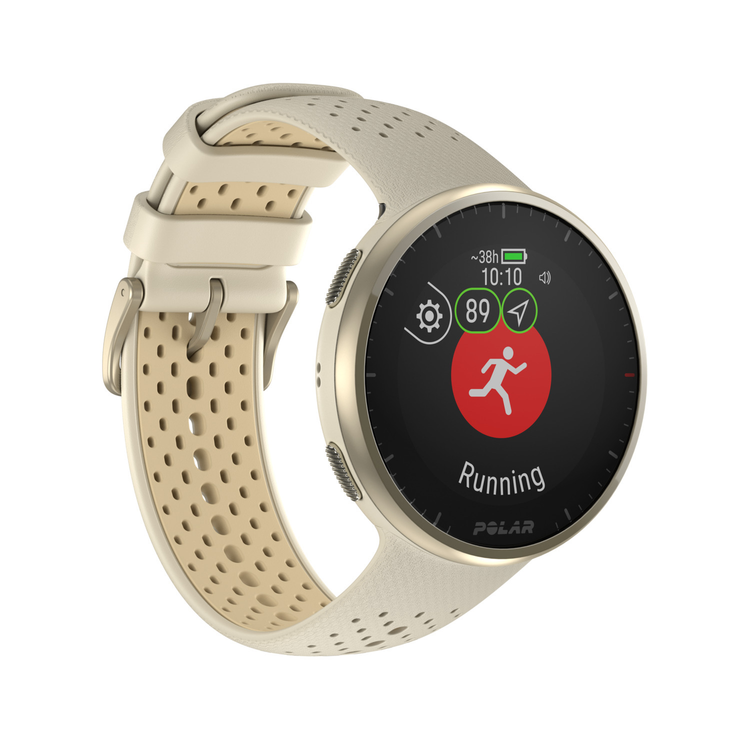 Smartwatch toont hardloopactiviteit met een beige band.