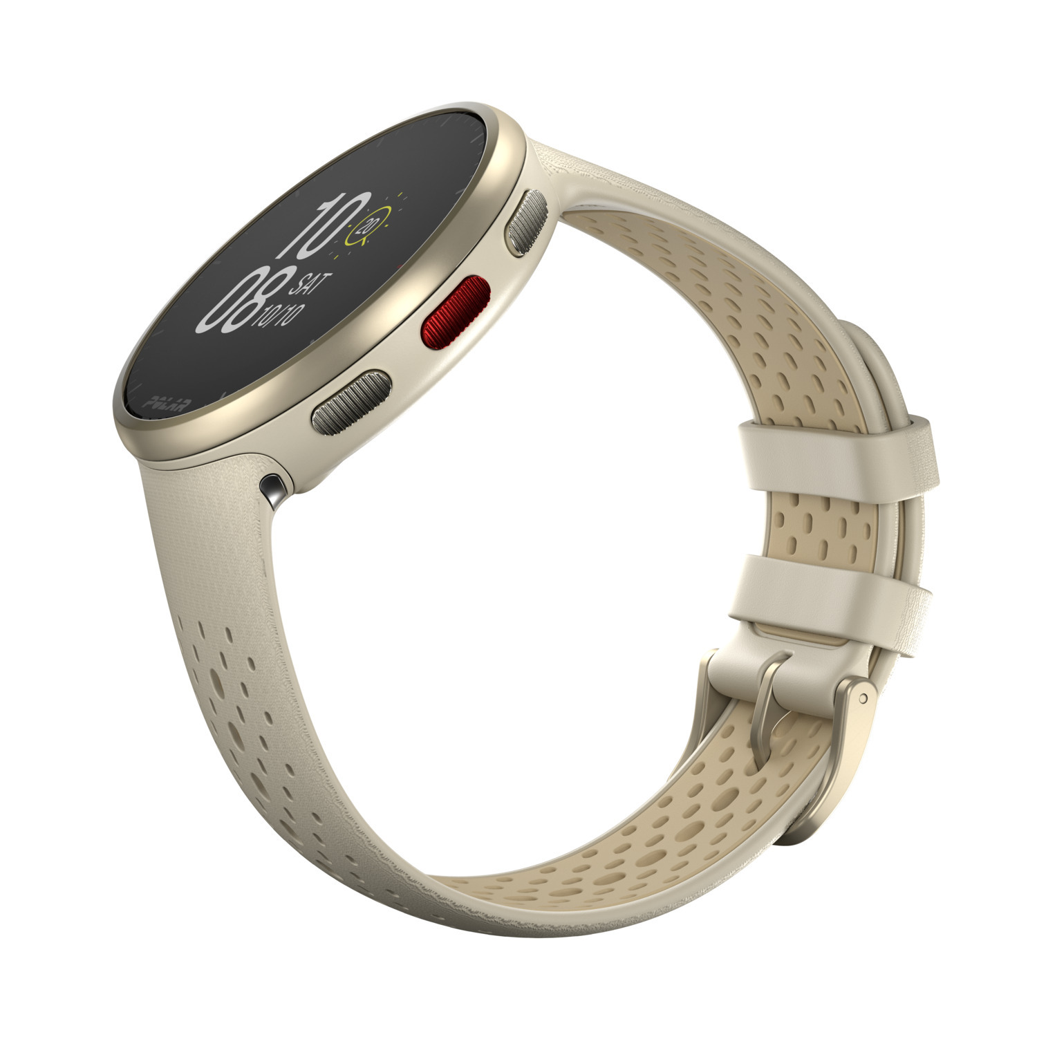 Smartwatch met een crèmekleurige band, zwart scherm toont de tijd.