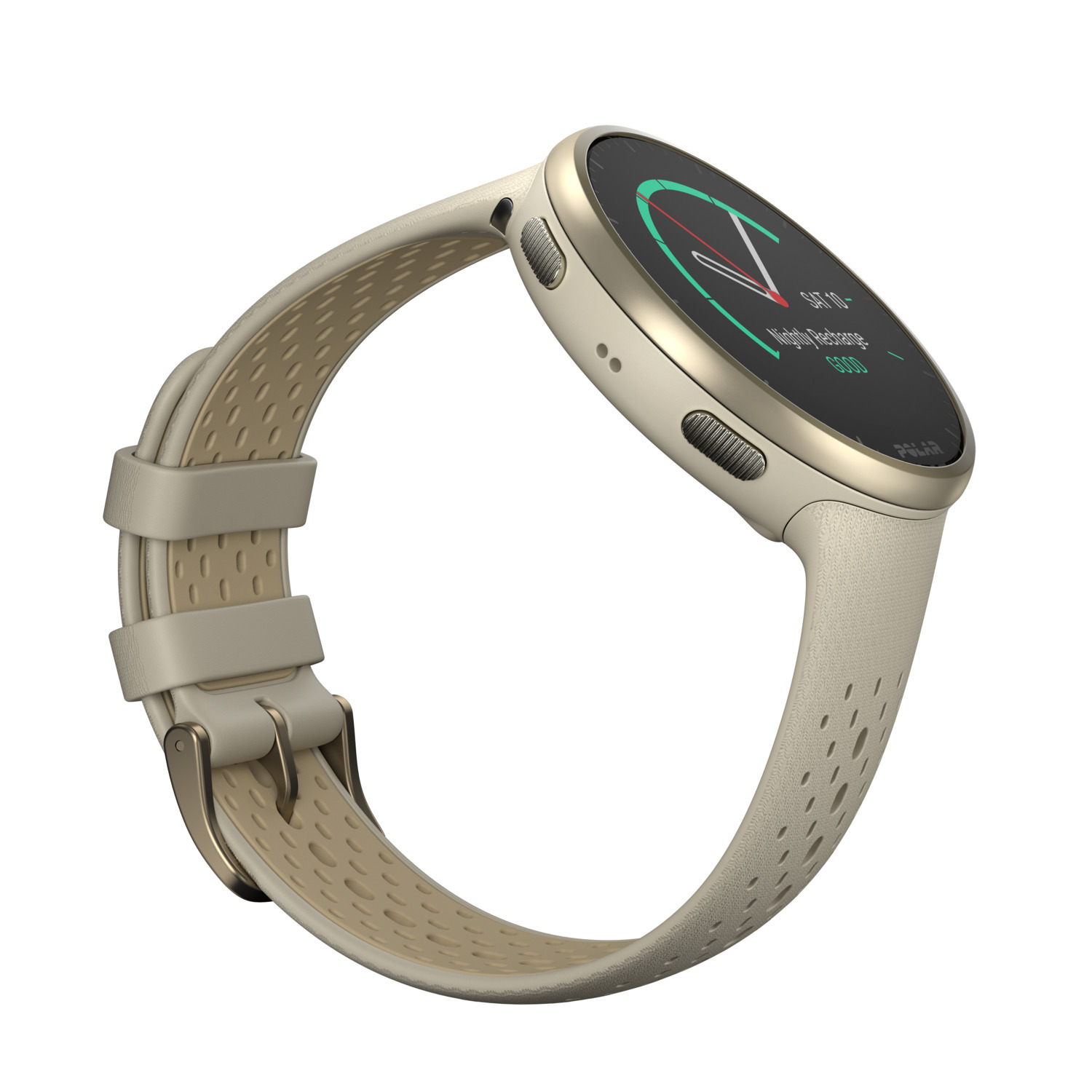 Een beige smartwatch met een rond scherm en een beige bandje.