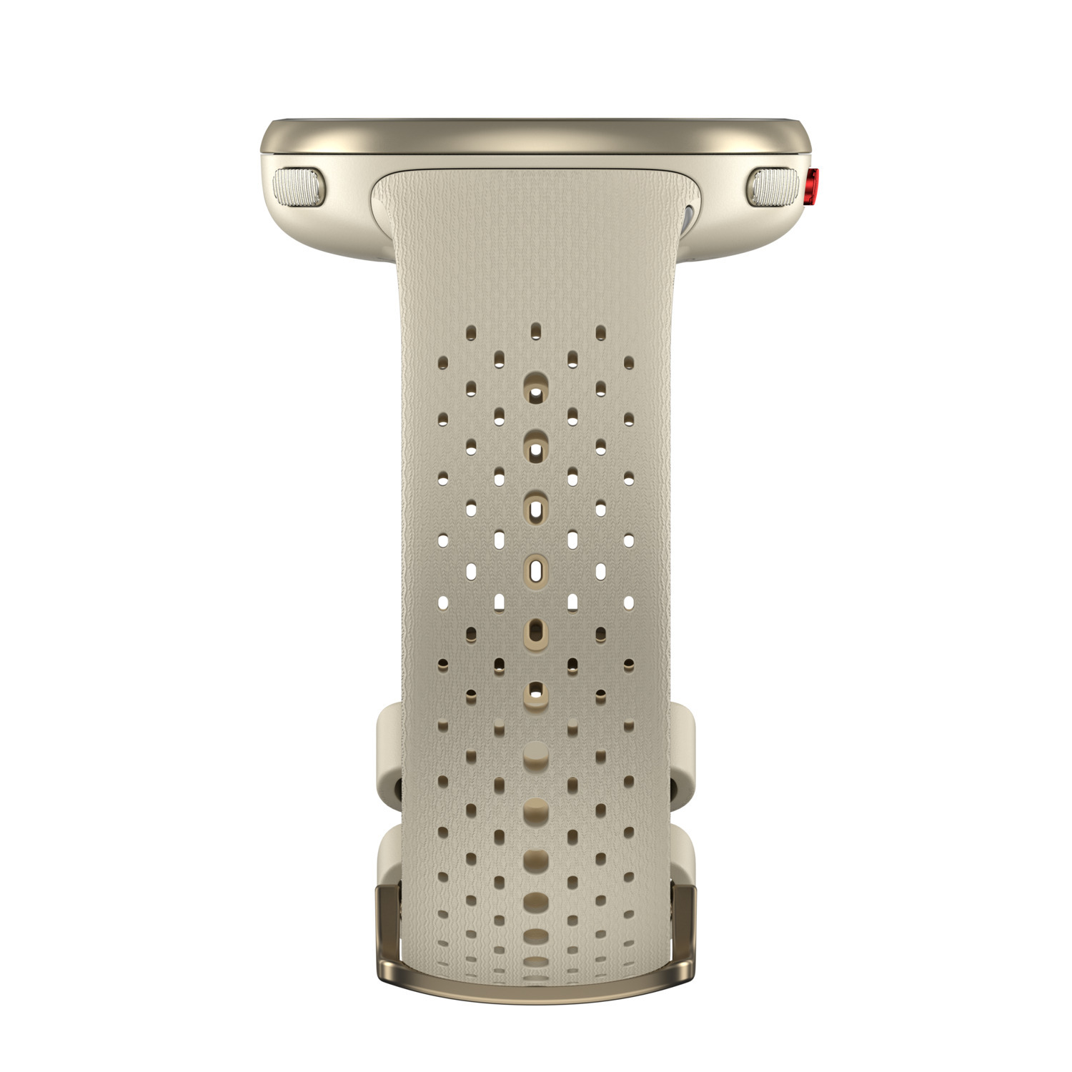 Een beige smartwatchband met een horloge eraan wordt van onderaf getoond, met gaten en bandjes.