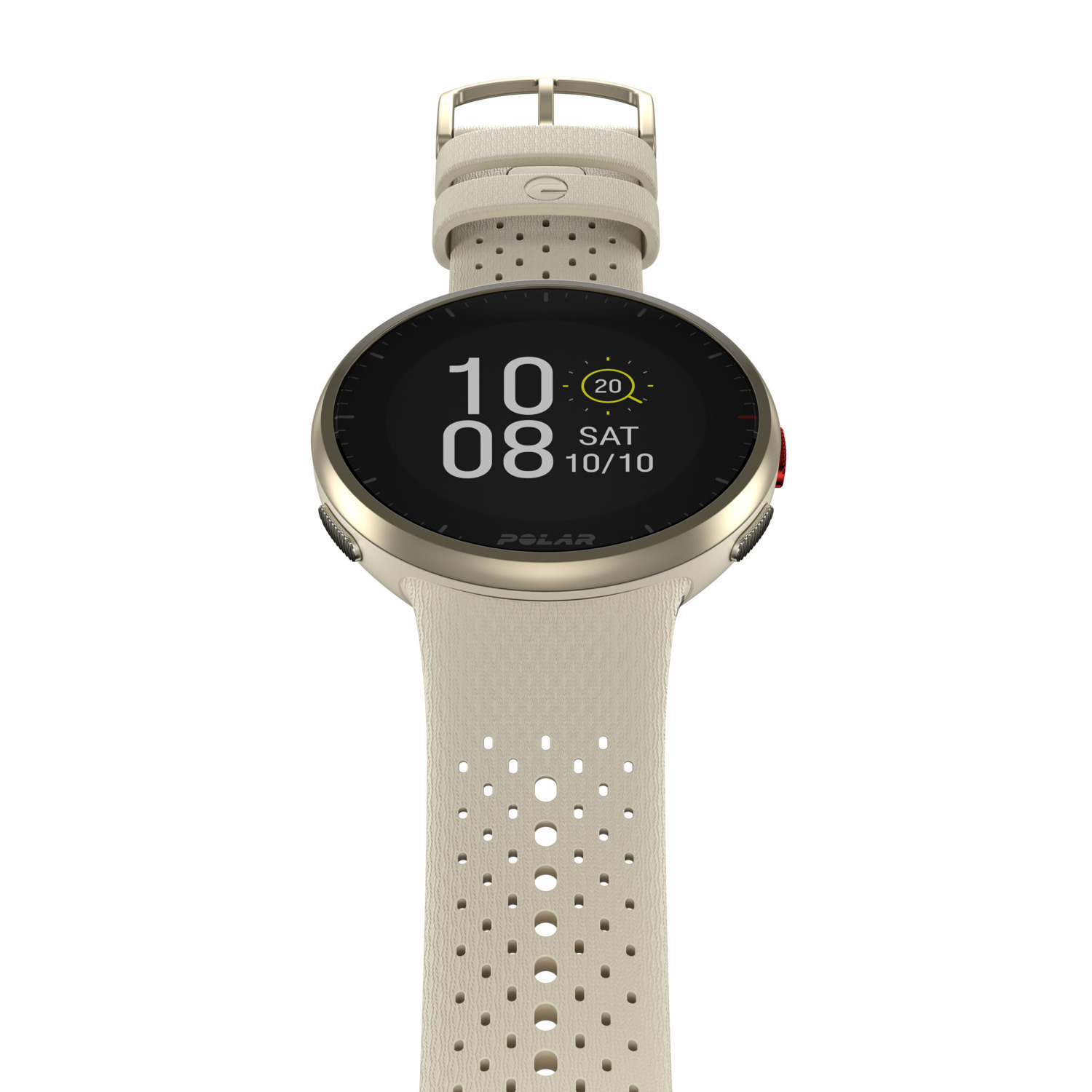 Smartwatch toont tijd en datum met een beige band.