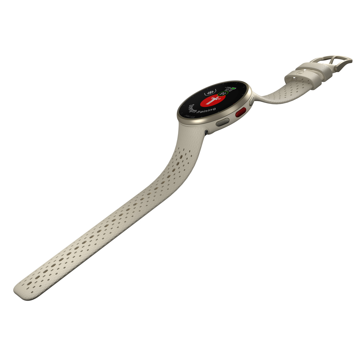 Een crèmekleurige smartwatch met een ronde wijzerplaat met trainingsgegevens. De band is geperforeerd en schuin. Geïsoleerd op wit.