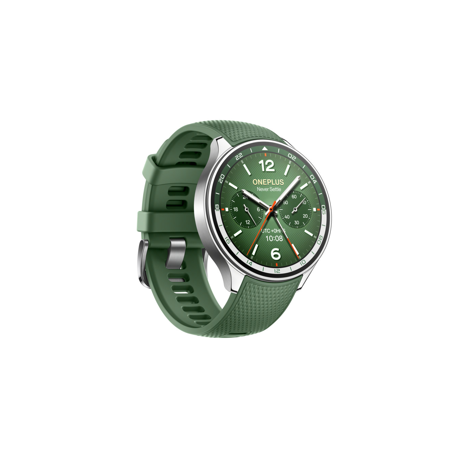 Green smartwatch with a green band. Displays time.