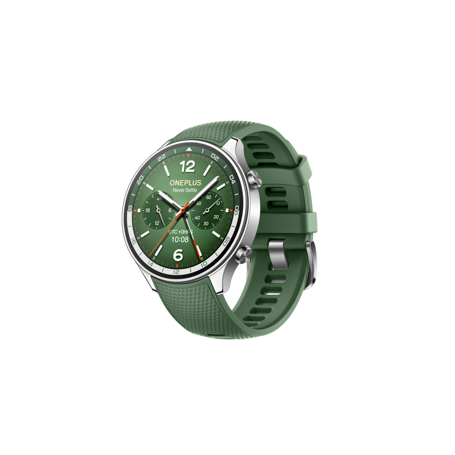 Green smartwatch with a green band and a silver border. Display shows time 10:08.