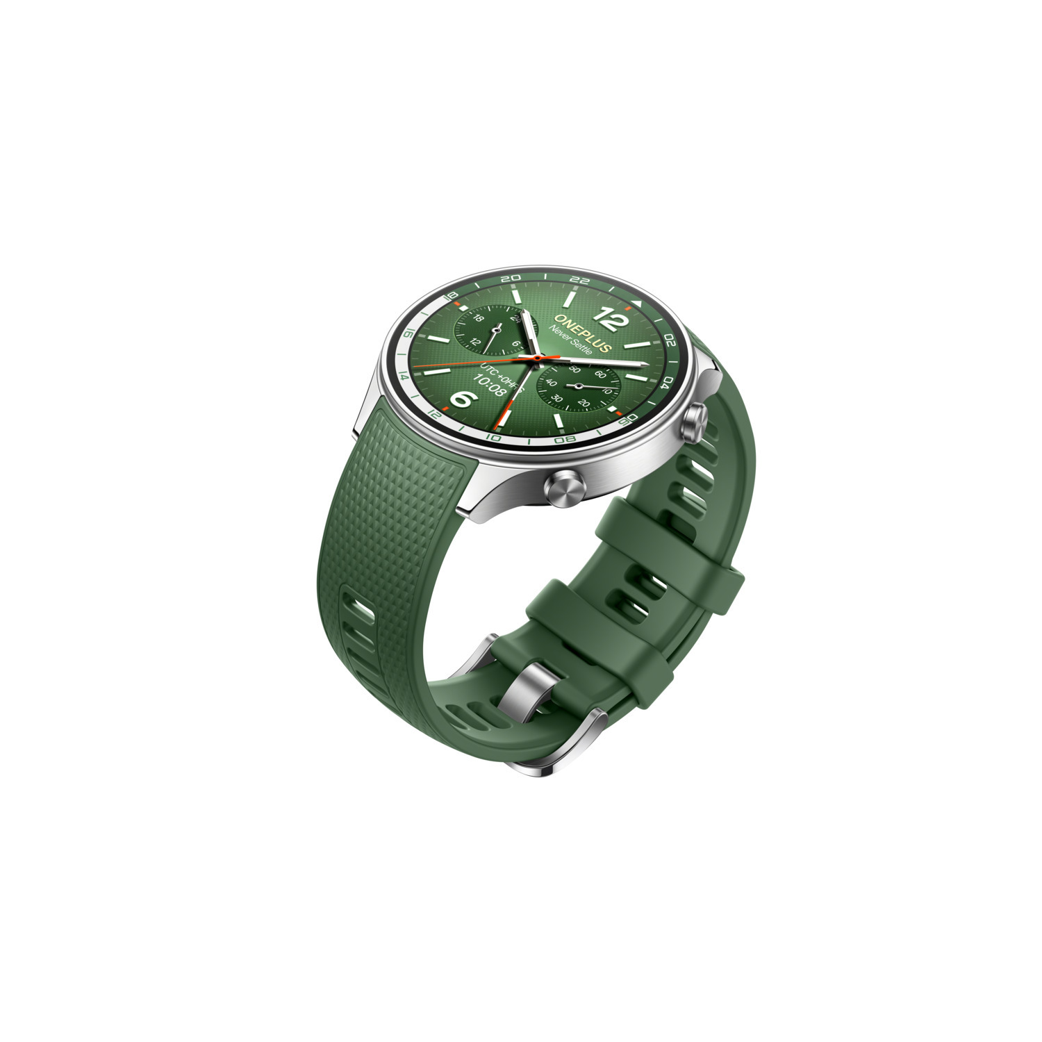 Green smartwatch with a silver bezel and a green strap, showing time and other metrics.
