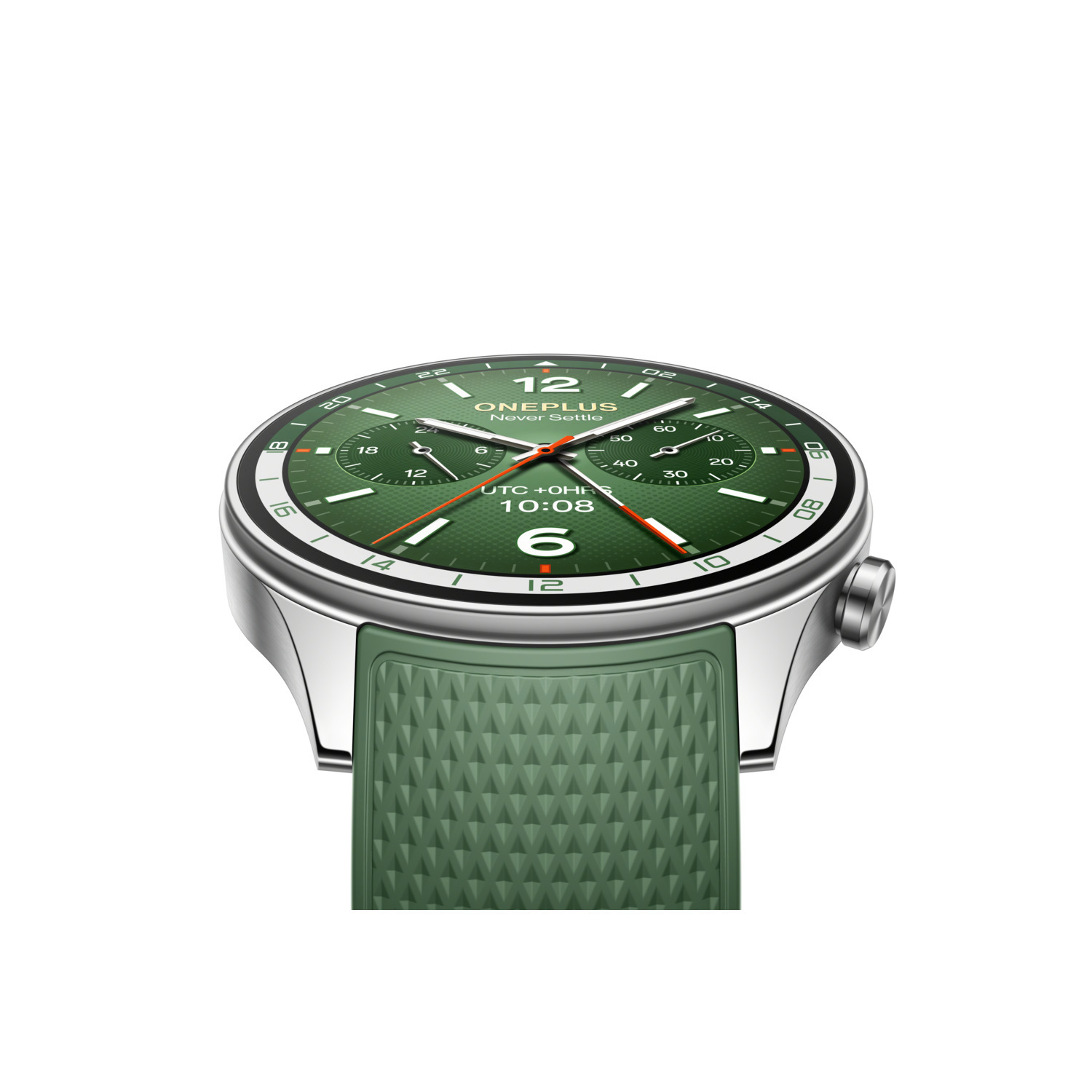 Green smartwatch with a green strap, face showing time.