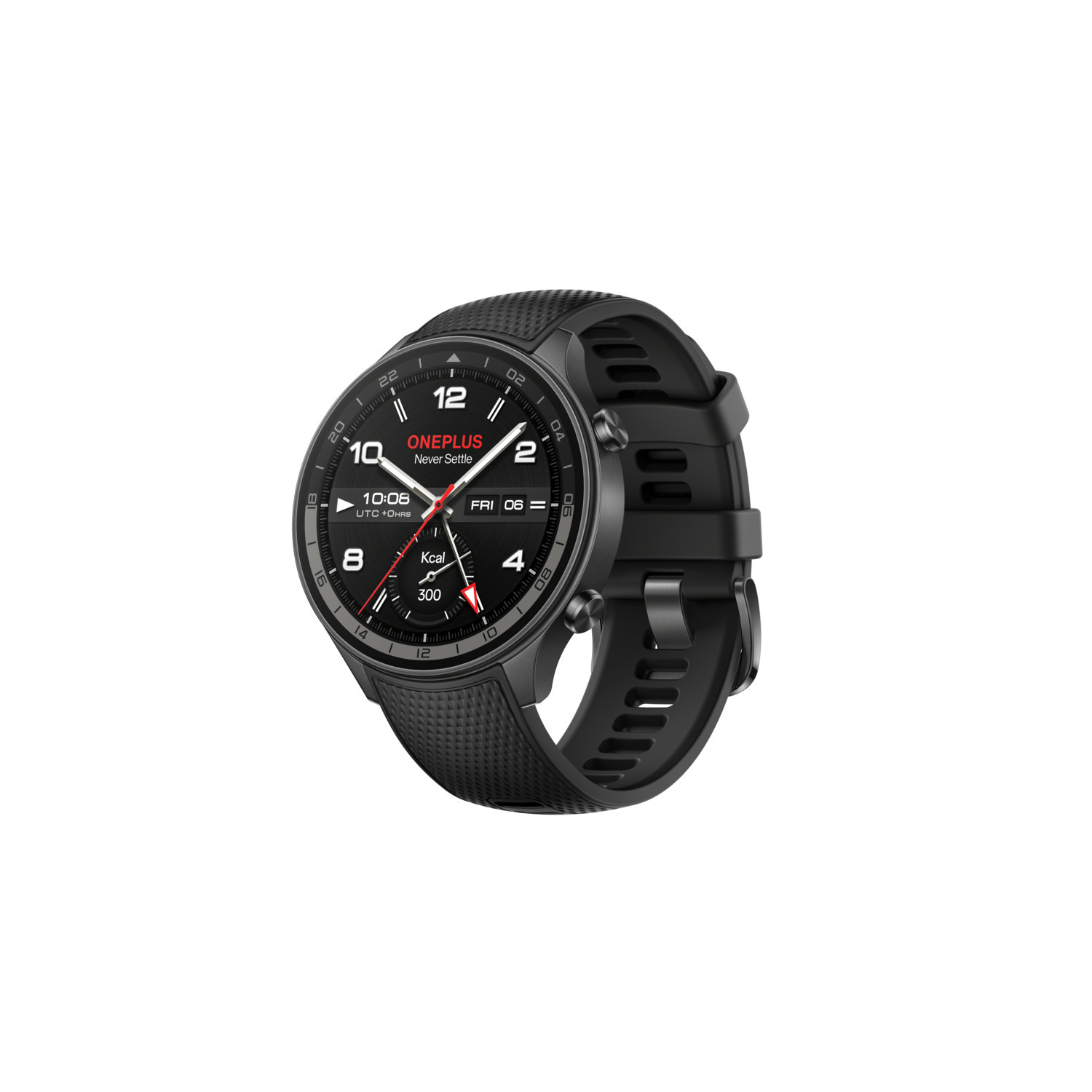 Black smartwatch with a round face, displaying time and health metrics.