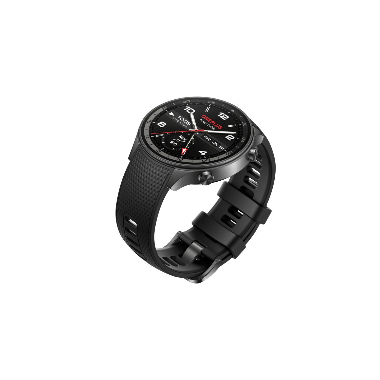 Black smartwatch with a black band. Displays time.