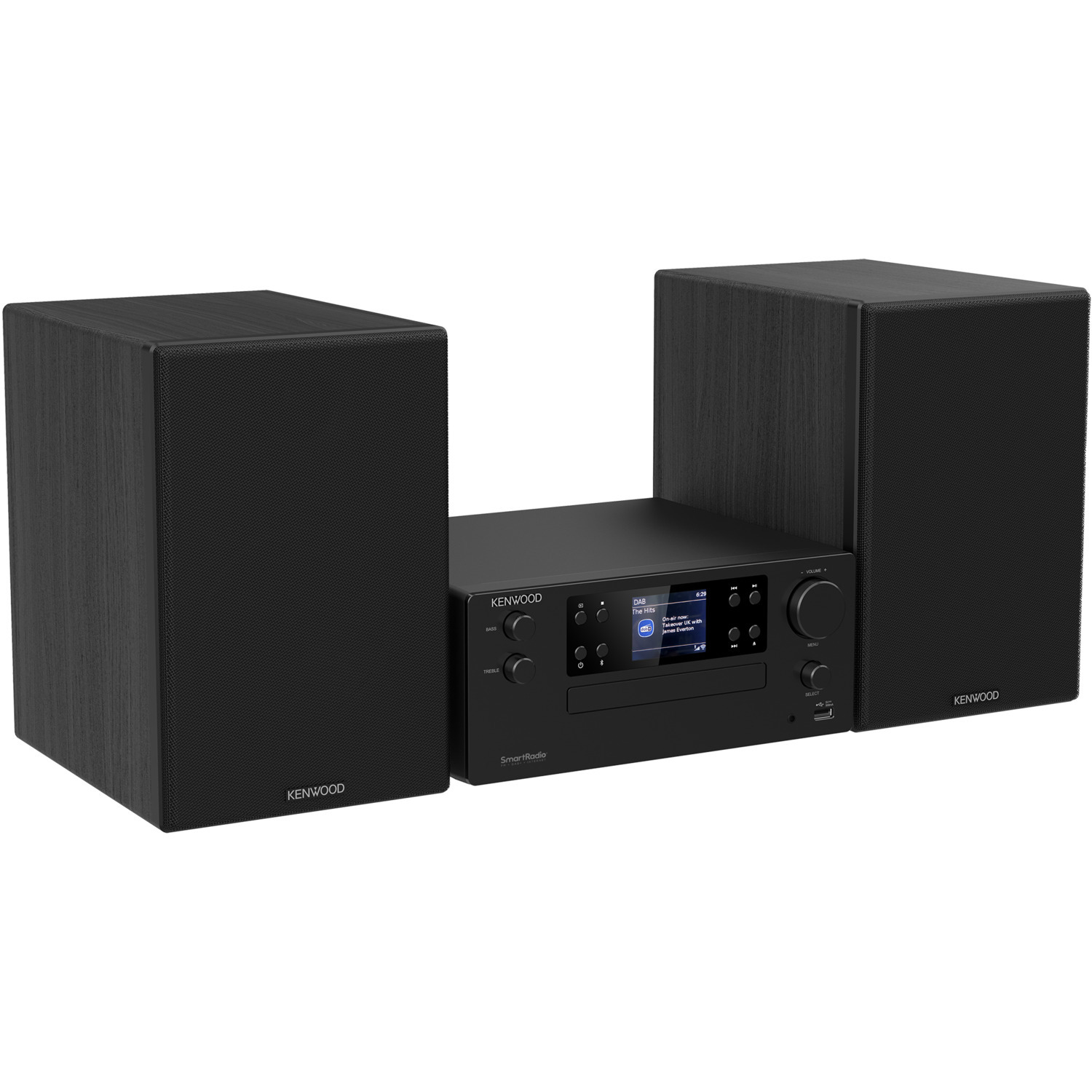 Zwart Kenwood stereosysteem. Twee luidsprekers en een centrale eenheid met display.