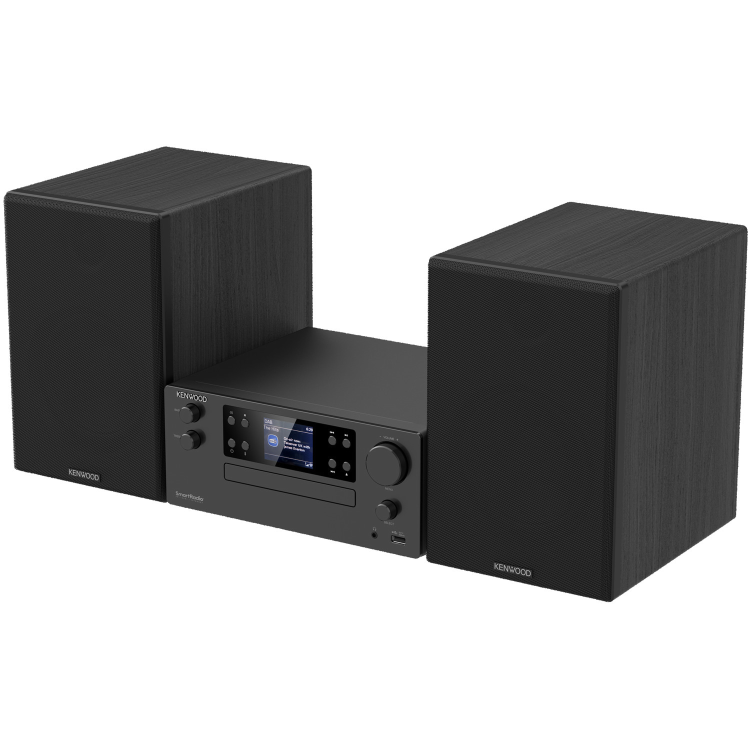 Zwart Kenwood stereosysteem met twee luidsprekers. Cd-speler en bedieningselementen zichtbaar.