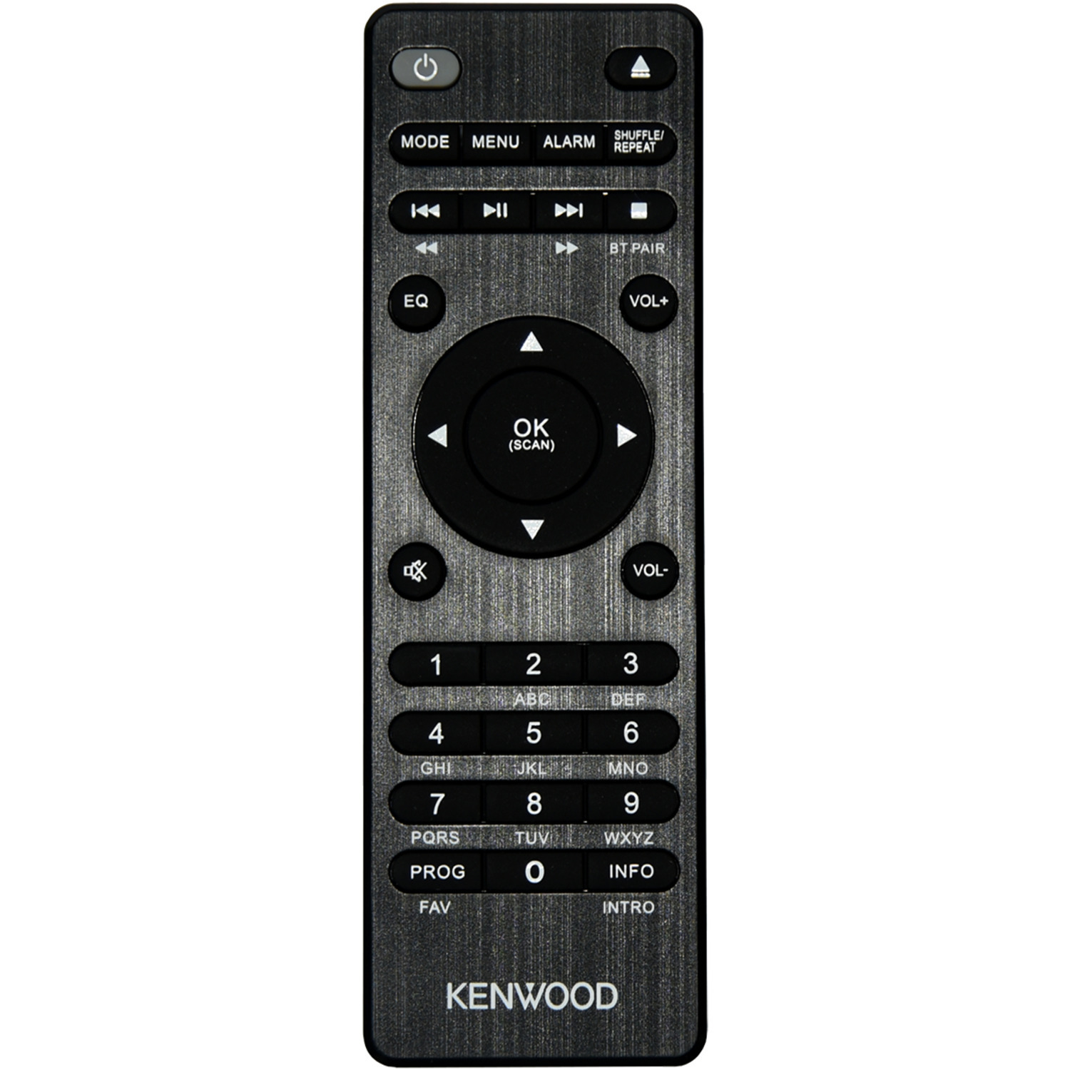Zwarte Kenwood afstandsbediening met knoppen voor verschillende functies.