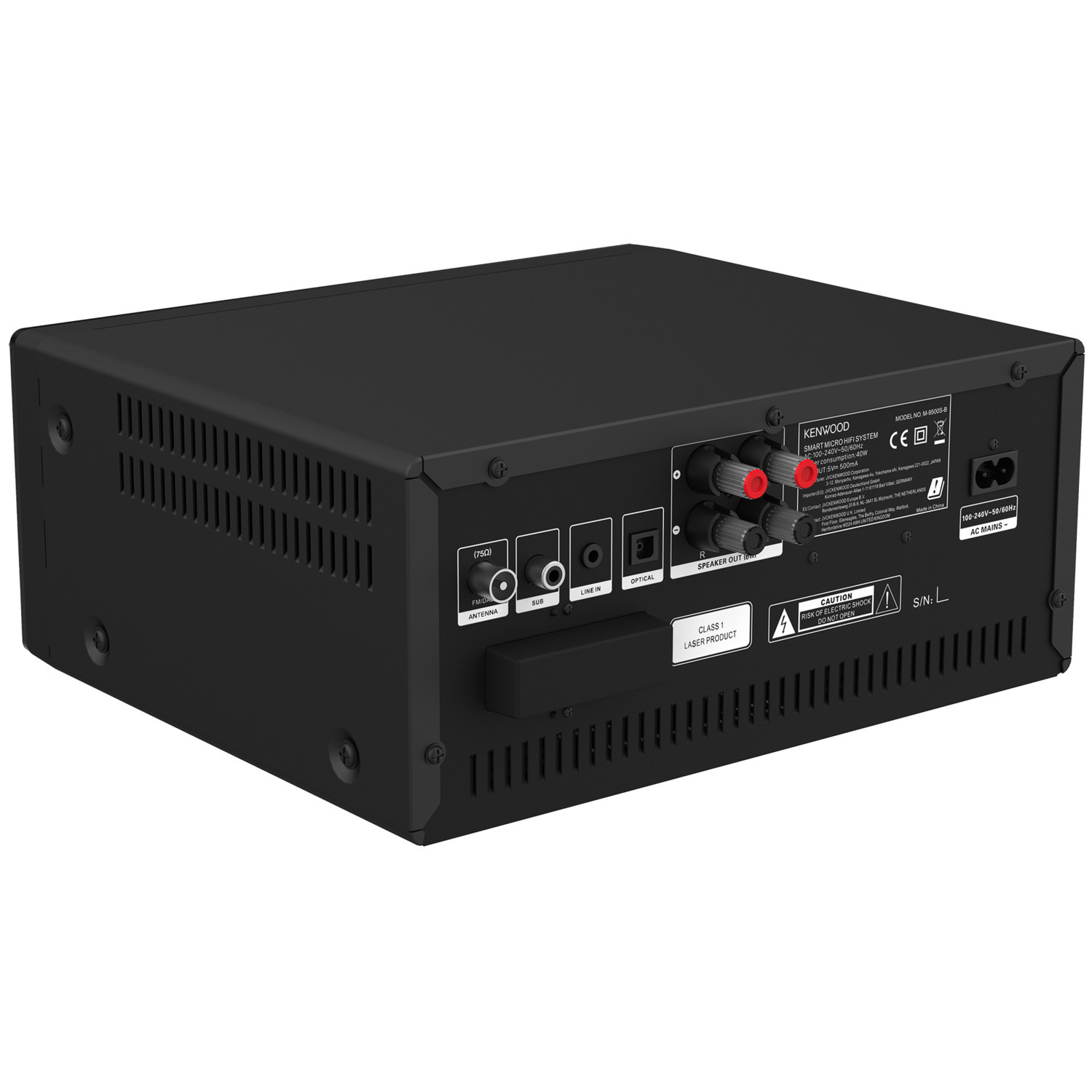 De achterkant van een zwart Kenwood micro hifi-systeem wordt getoond.