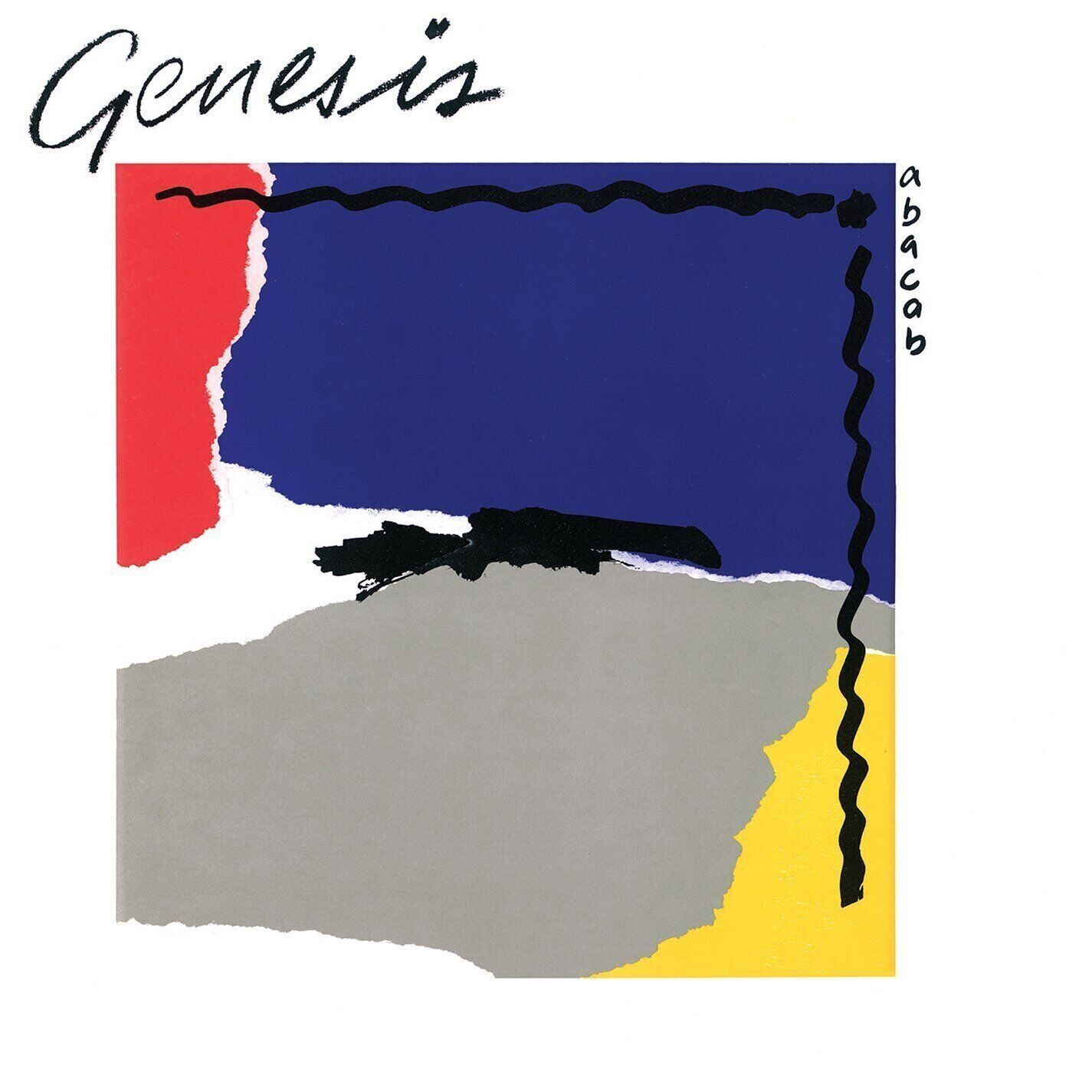 Album borító Genesis címmel. Tépetett papír design: piros, kék, szürke és sárga. Fekete hullámvonalak és 'abacab' szöveg.