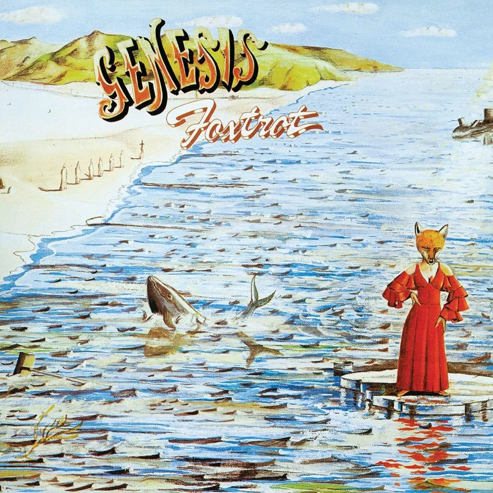 A Genesis - Foxtrot album borítója. A jelenet vizet, rókafejű embert és szárazföldet ábrázol.