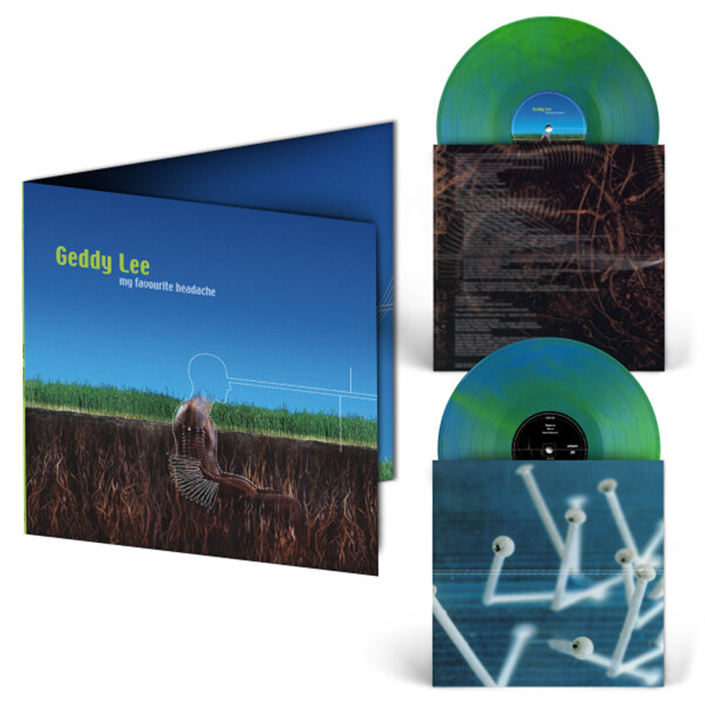Vinil album készlet két zöld-kék lemezzel, tokban és egy album borítóval.