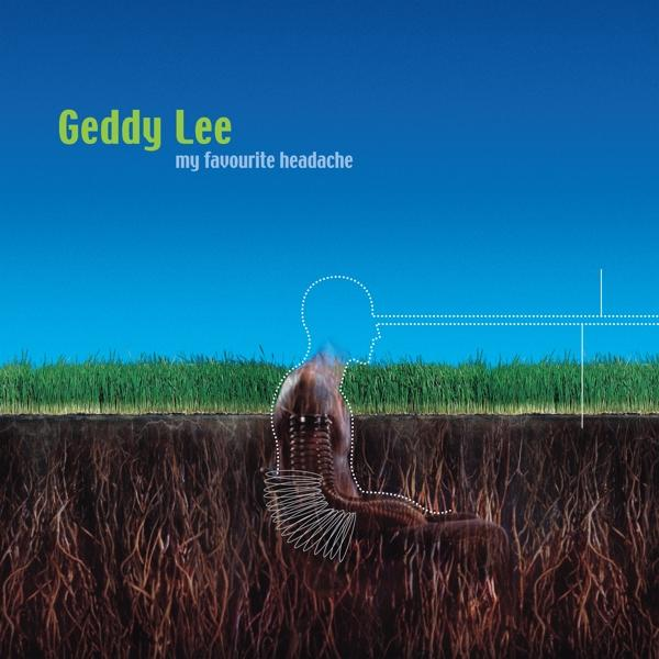 Geddy Lee album borító. Szürreális dizájn: emberi fej gyökerekkel, fűvel és kék éggel.