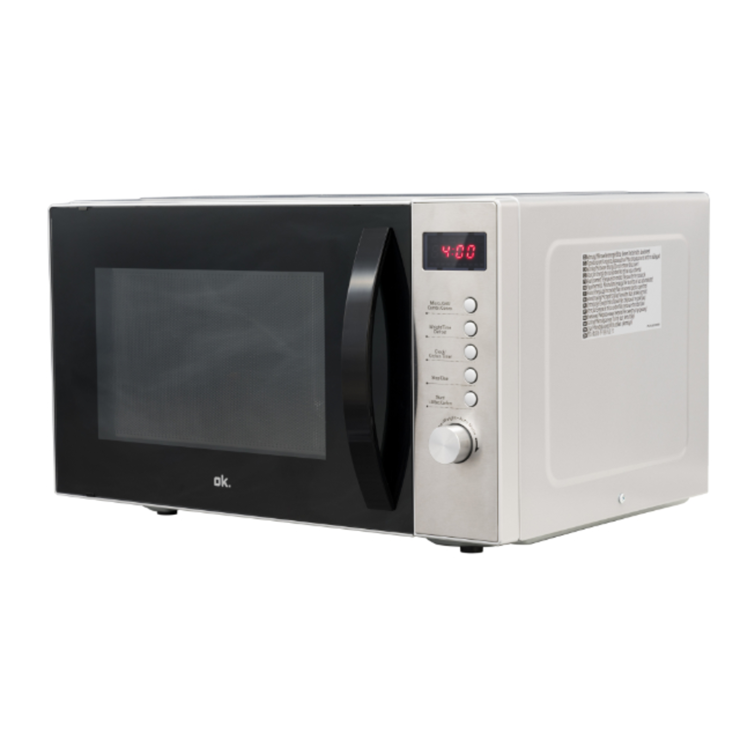 Een witte ok. magnetron met zwarte deur, digitaal display 4:00.