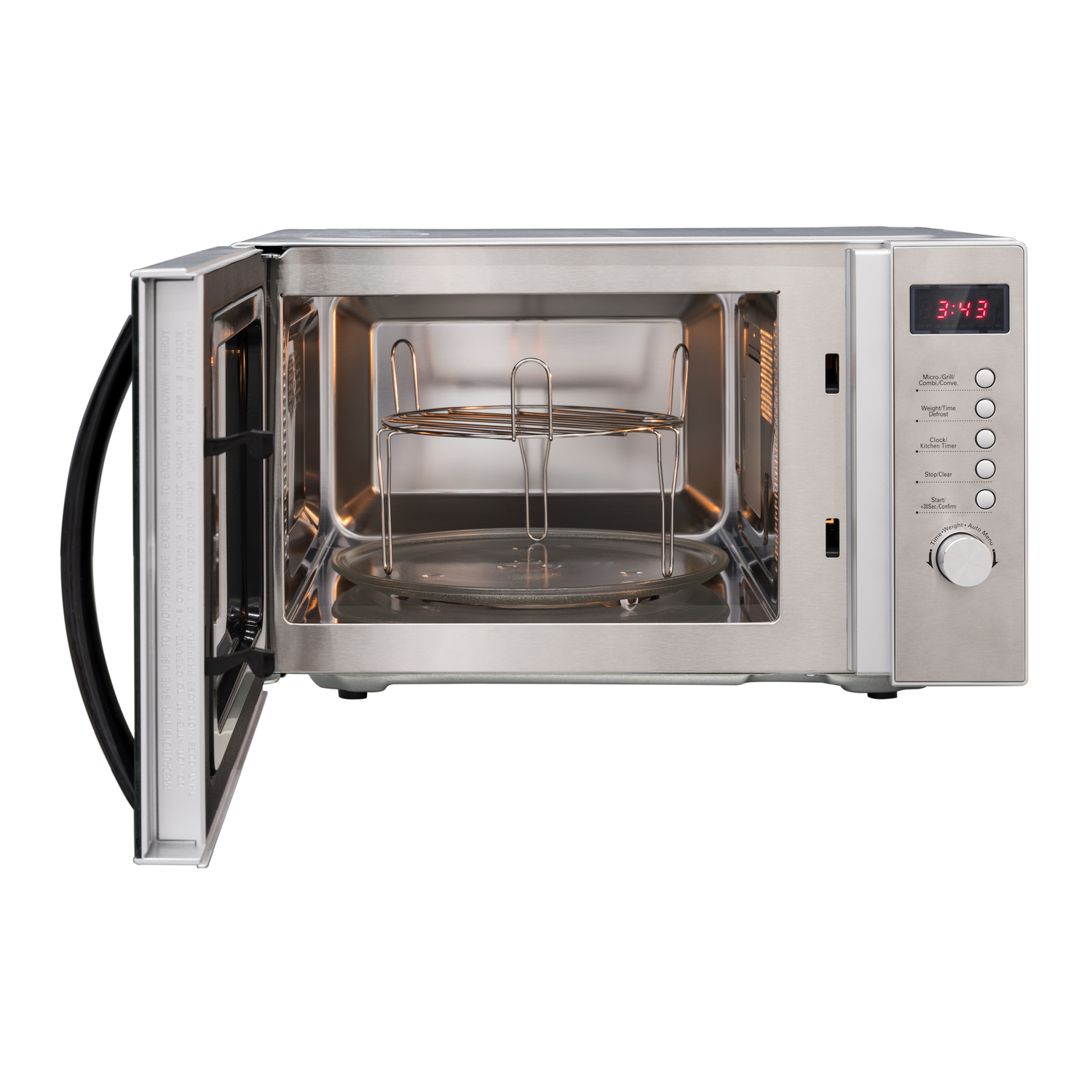 Magnetron met open deur, interieur zichtbaar. Voorzien van een glazen plaat en een metalen rek.
