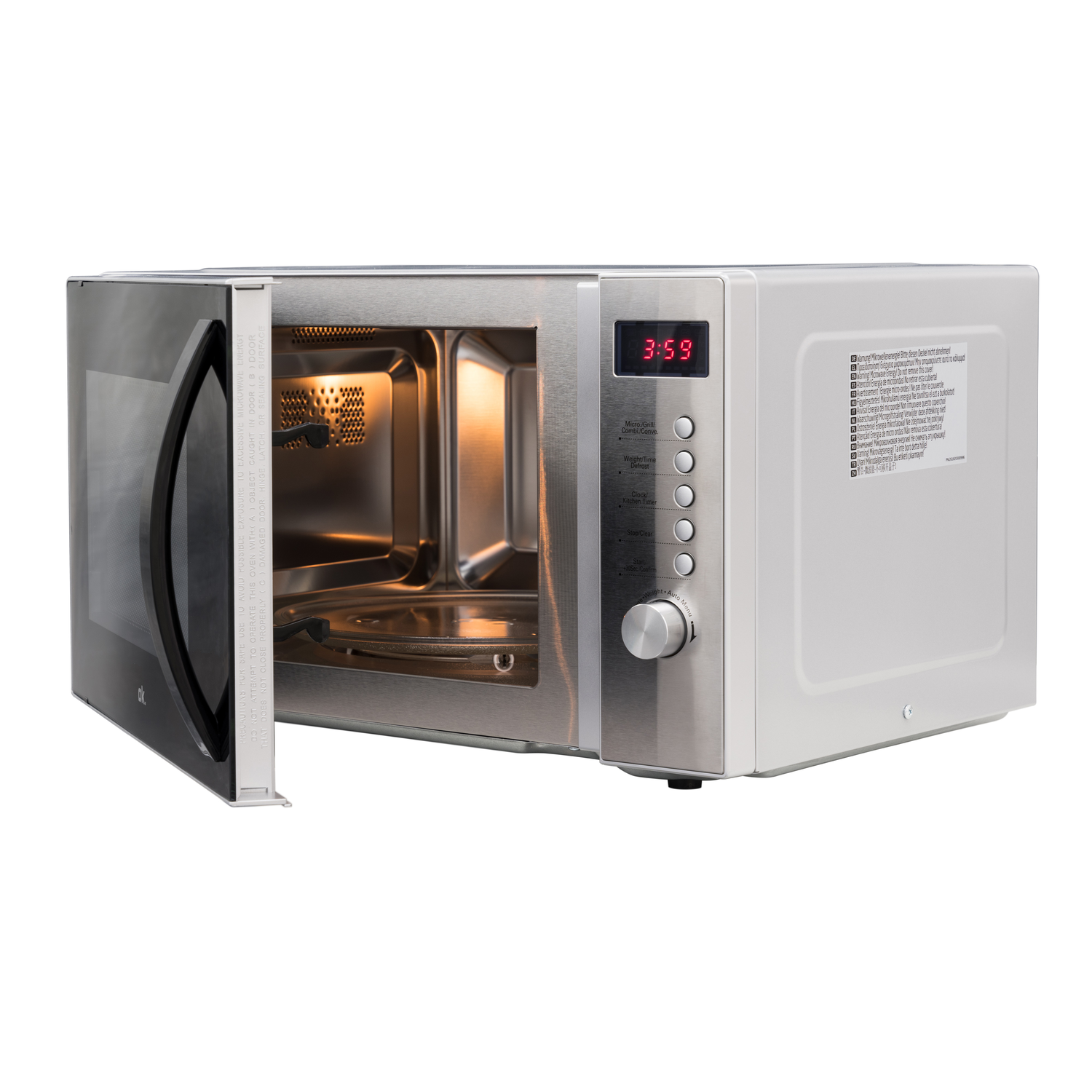 Een magnetron met open deur. Het display toont een tijd van 3:58. De binnenkant is verlicht.