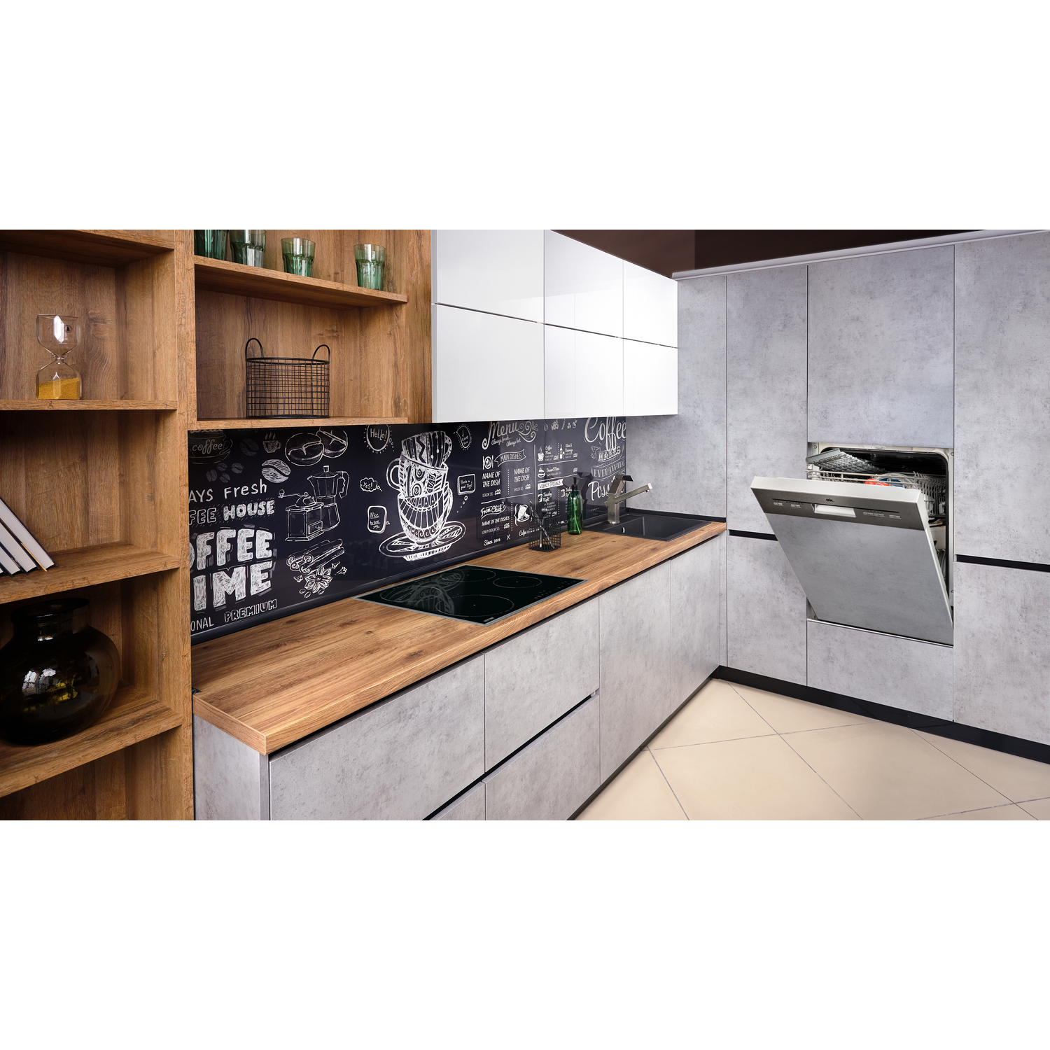 A modern kitchen with a dishwasher open, wood countertop, and white cabinets.