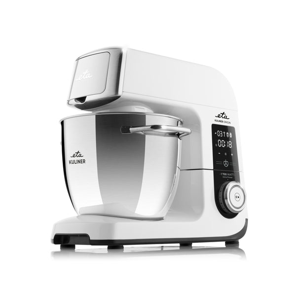 Fehér konyhai mixer rozsdamentes acél tálal. Eta kuliner logóval.