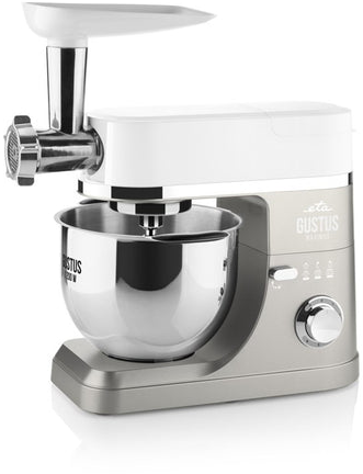 Fehér és ezüst konyhai mixer húsdaráló tartozékkal, elölnézet.
